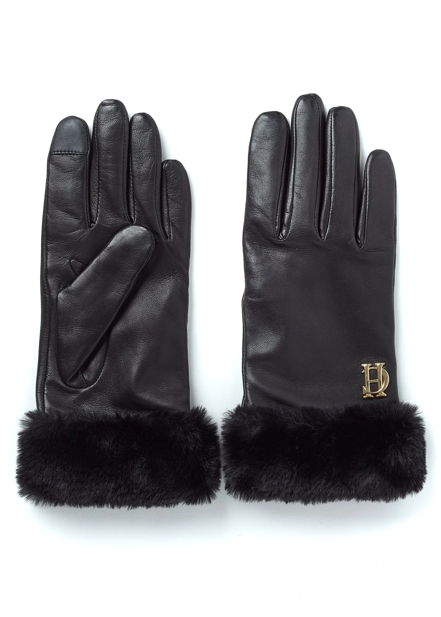 Cashmere Lined Faux Trim Leather Gloves (Black)