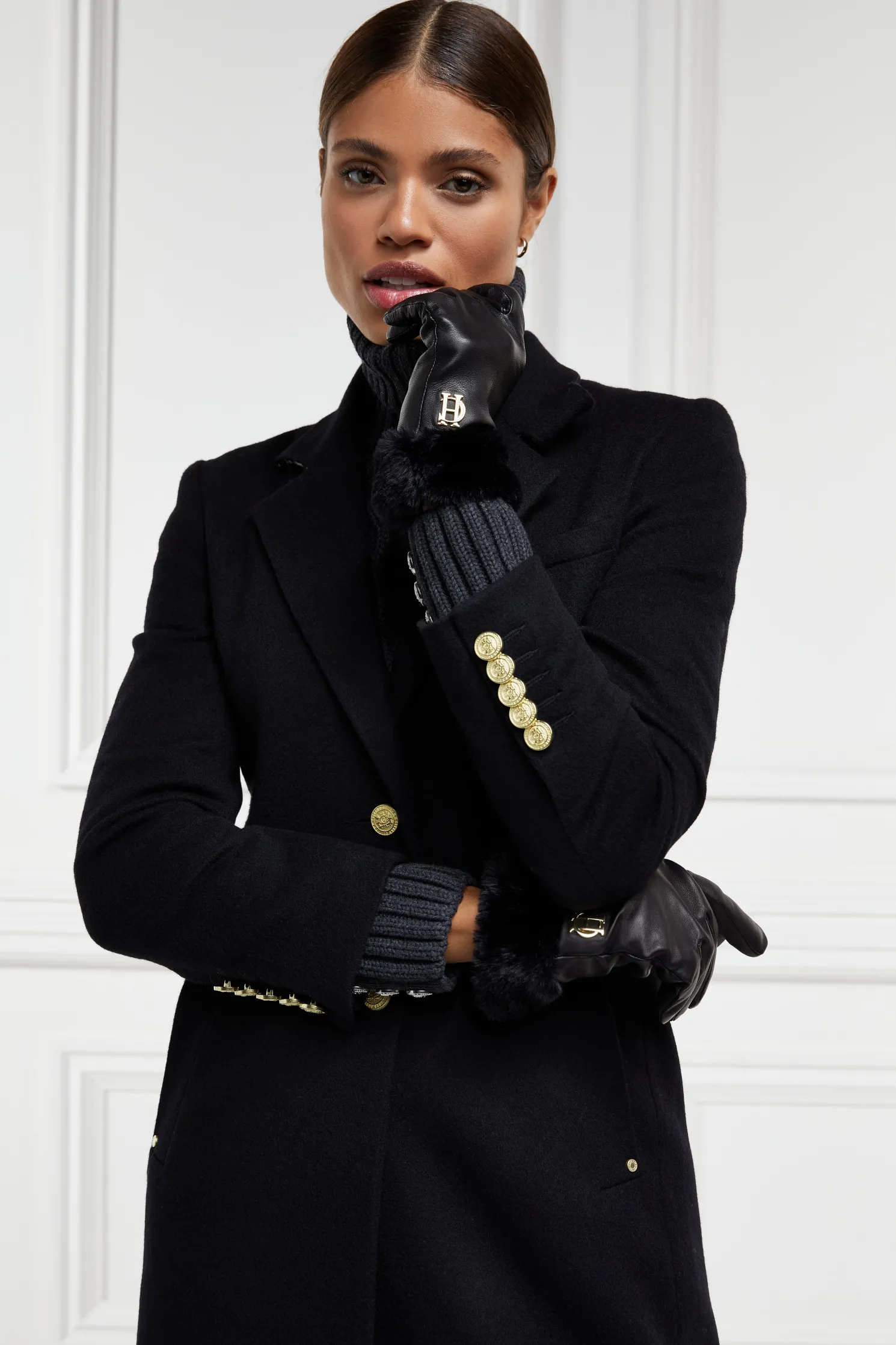 Cashmere Lined Faux Trim Leather Gloves (Black)
