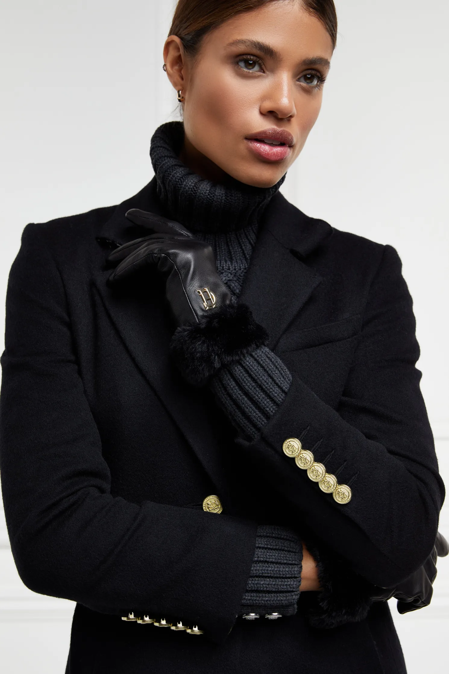 Cashmere Lined Faux Trim Leather Gloves (Black)