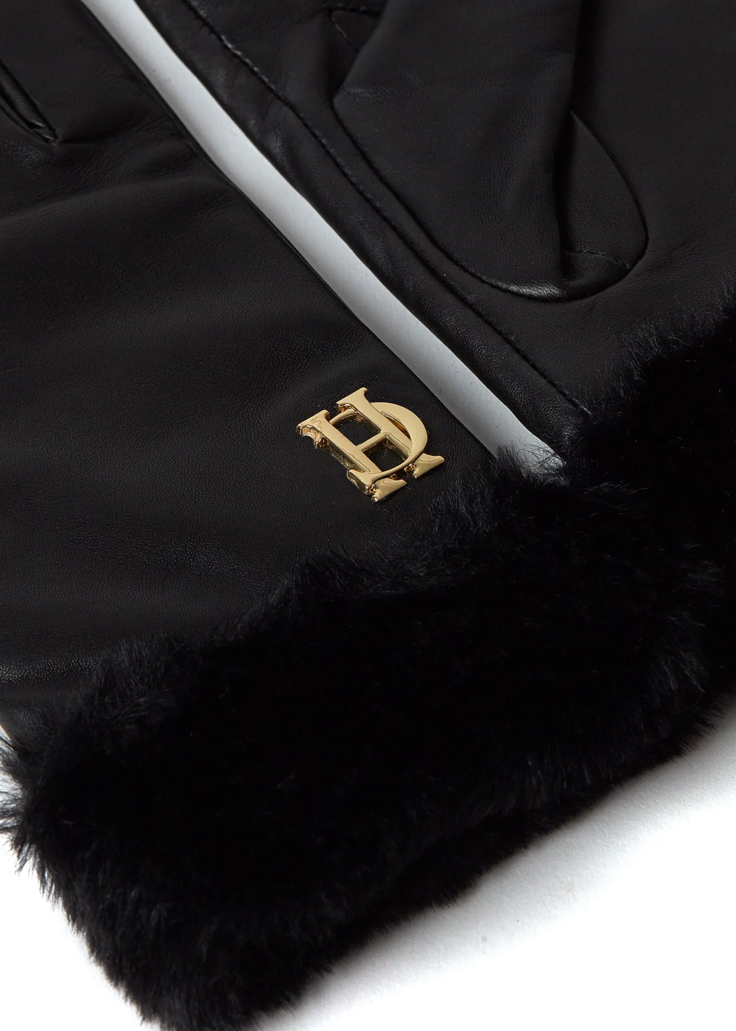 Cashmere Lined Faux Trim Leather Gloves (Black)