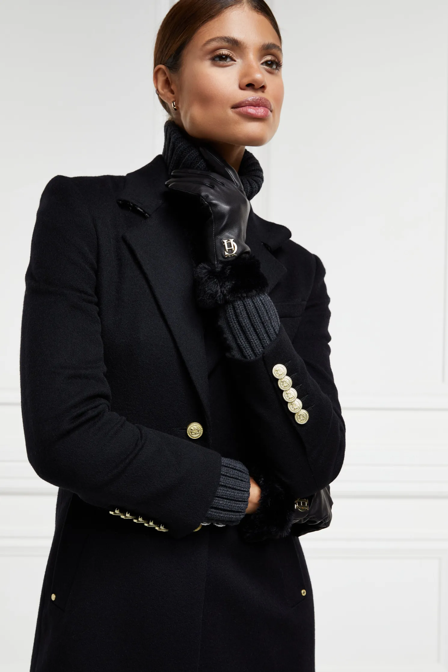 Cashmere Lined Faux Trim Leather Gloves (Black)
