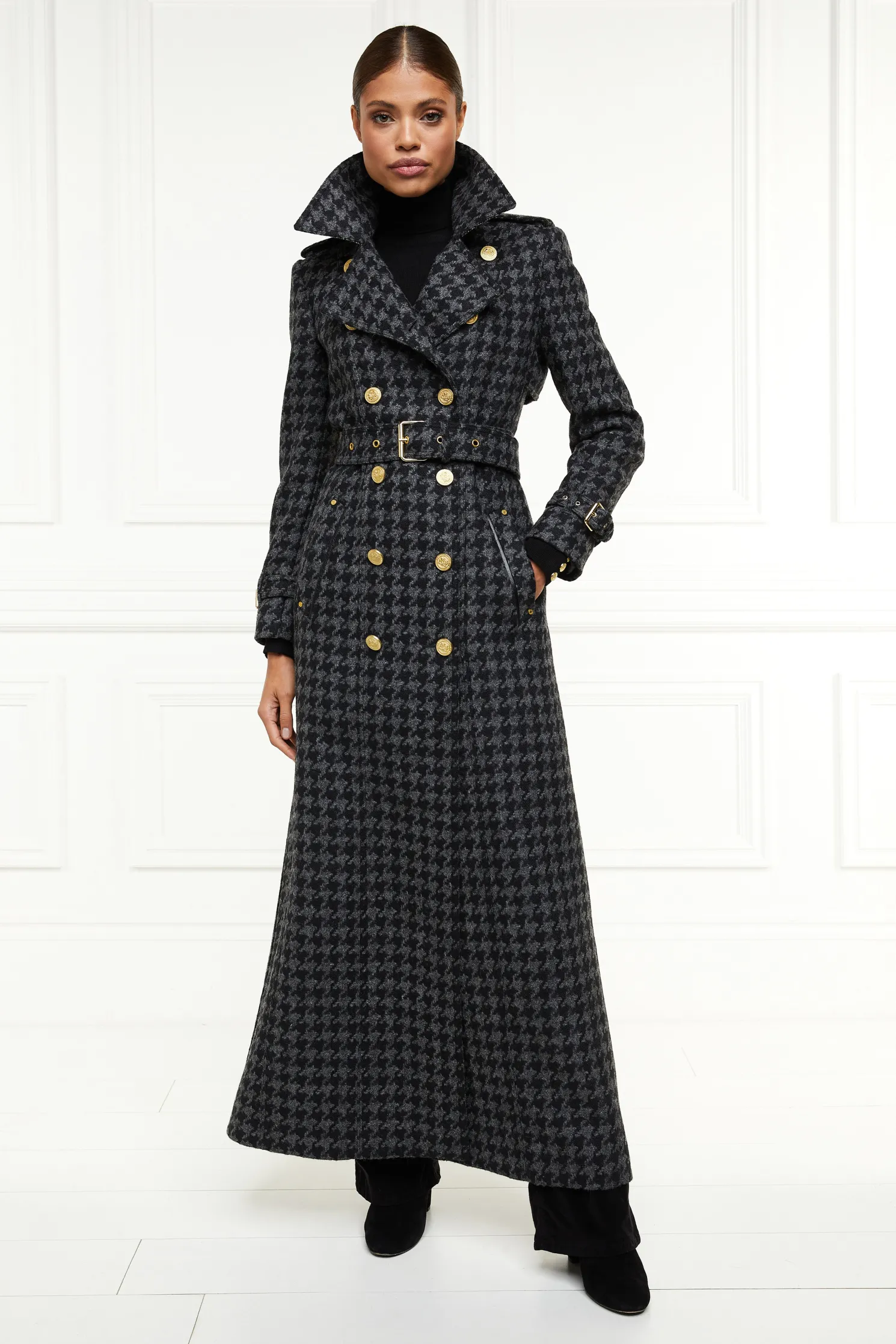 Full Length Chelsea Trench Coat (Large Scale Charcoal Houndstooth)