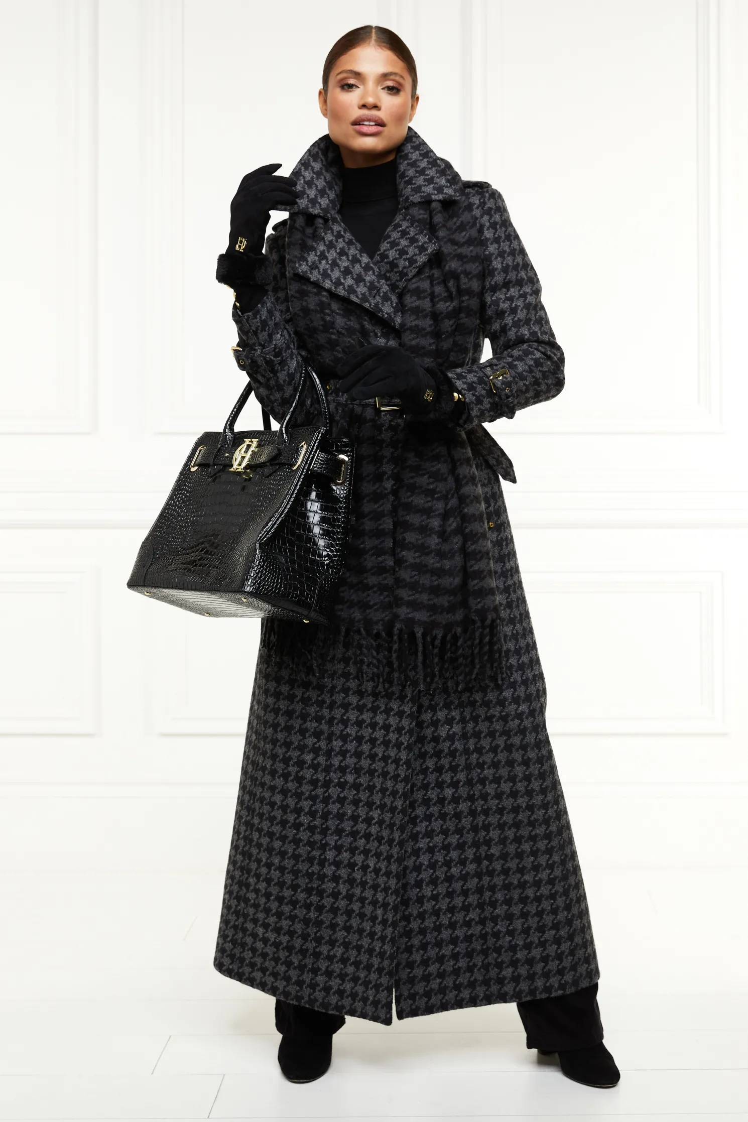 Full Length Chelsea Trench Coat (Large Scale Charcoal Houndstooth)