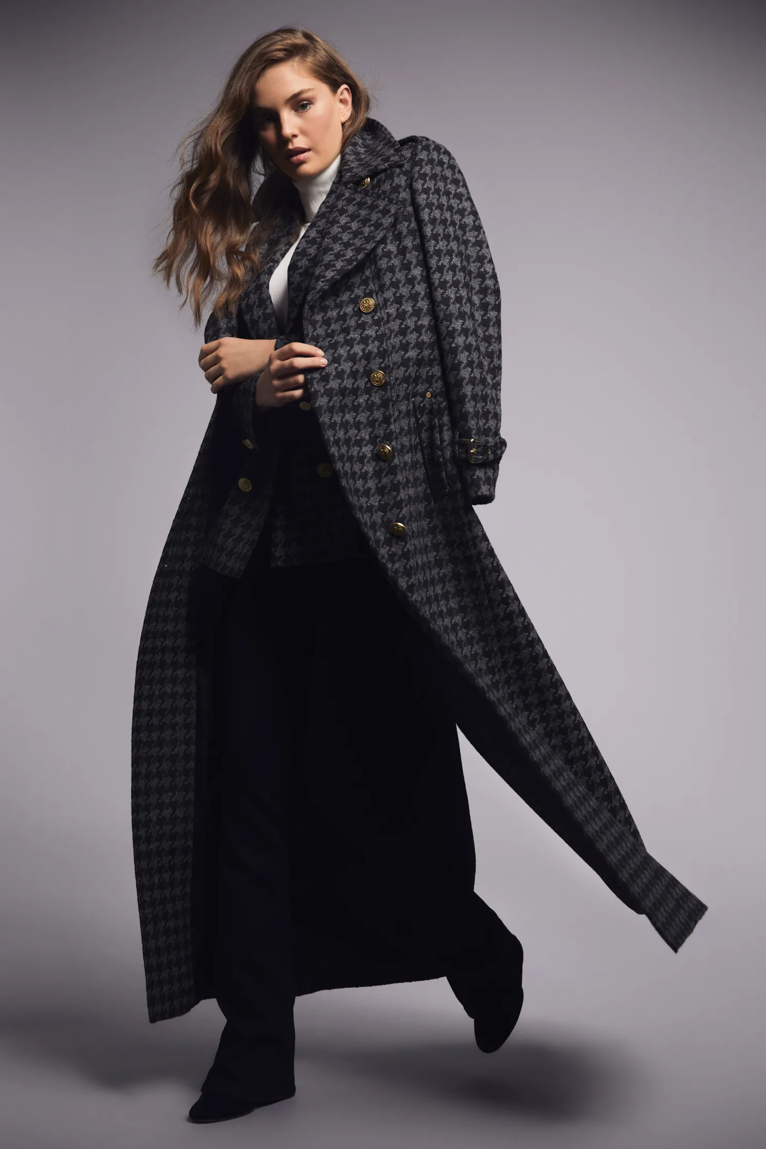 Full Length Chelsea Trench Coat (Large Scale Charcoal Houndstooth)
