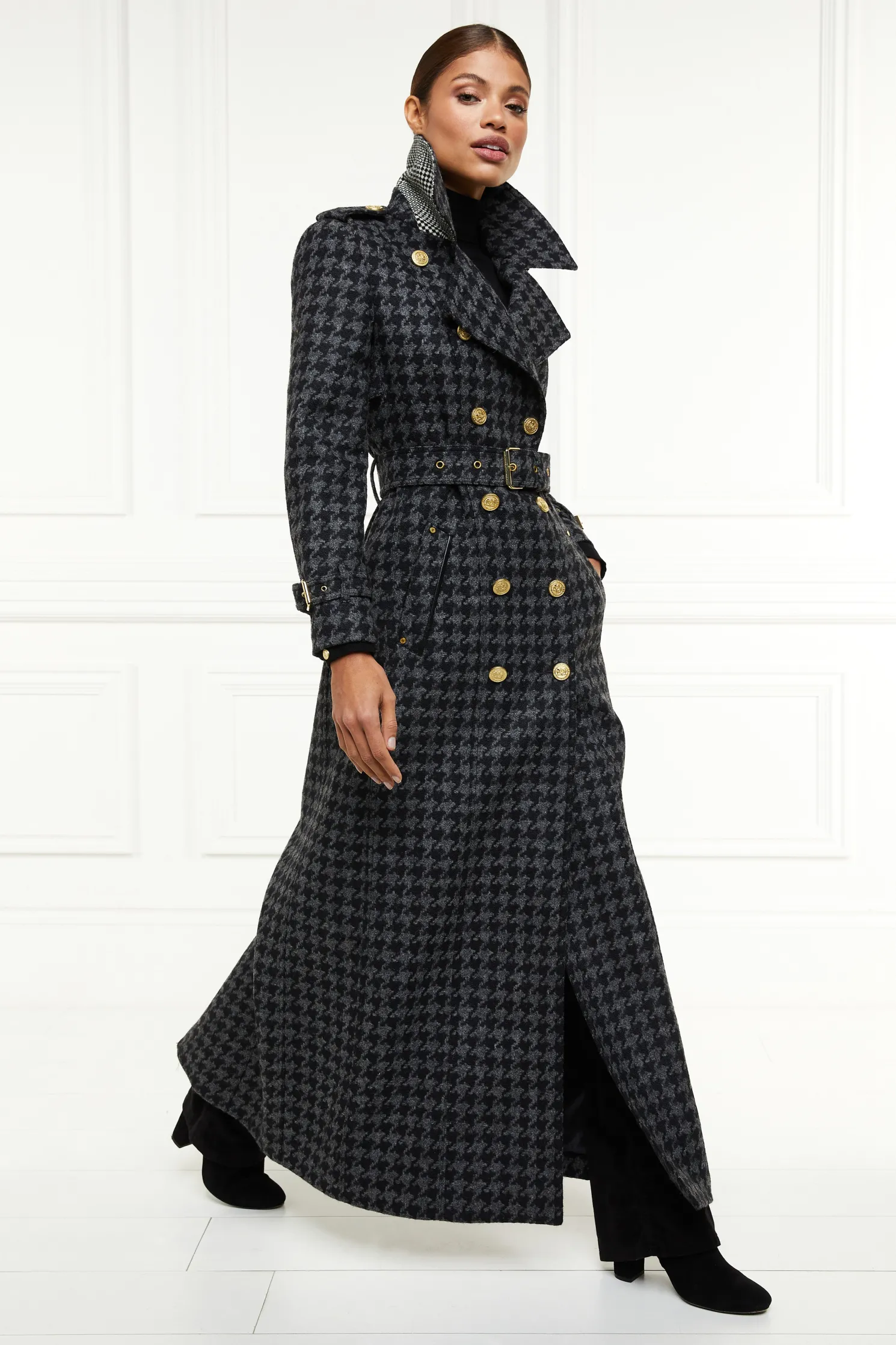 Full Length Chelsea Trench Coat (Large Scale Charcoal Houndstooth)