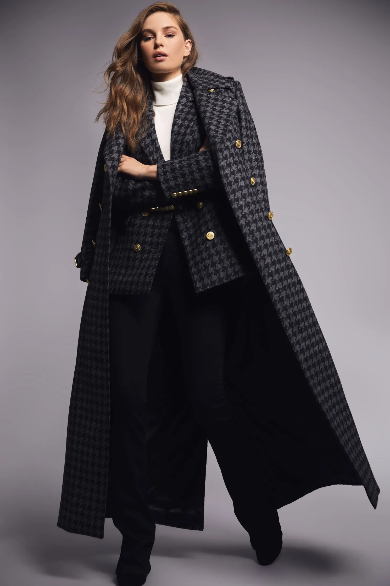 Full Length Chelsea Trench Coat (Large Scale Charcoal Houndstooth)