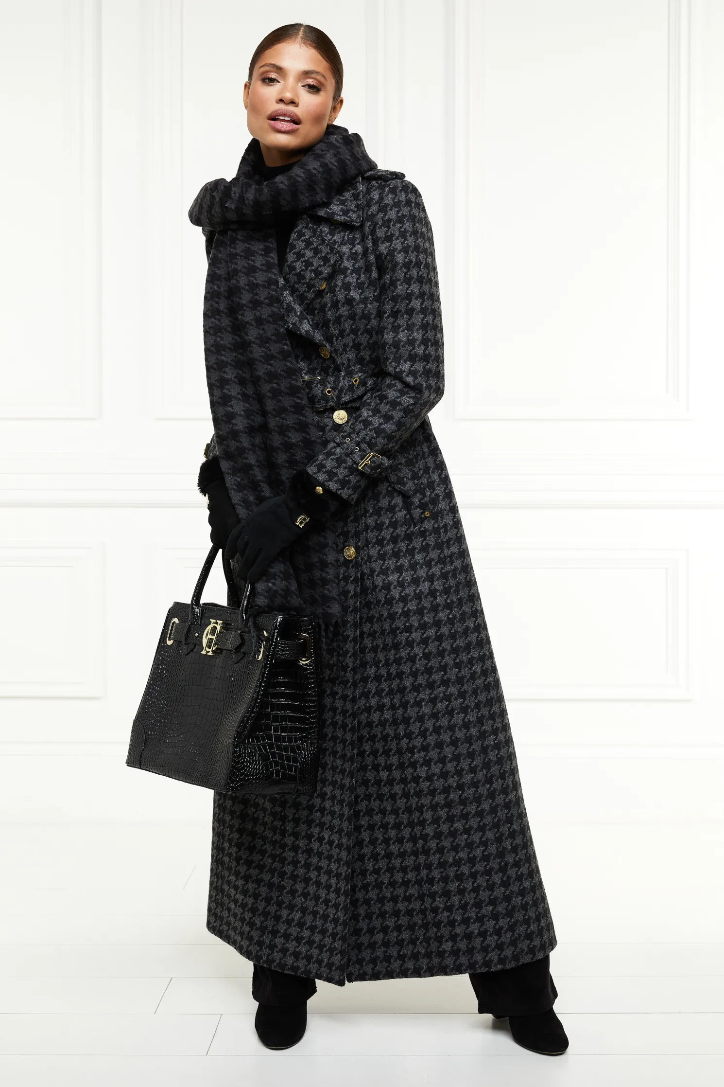 Full Length Chelsea Trench Coat (Large Scale Charcoal Houndstooth)