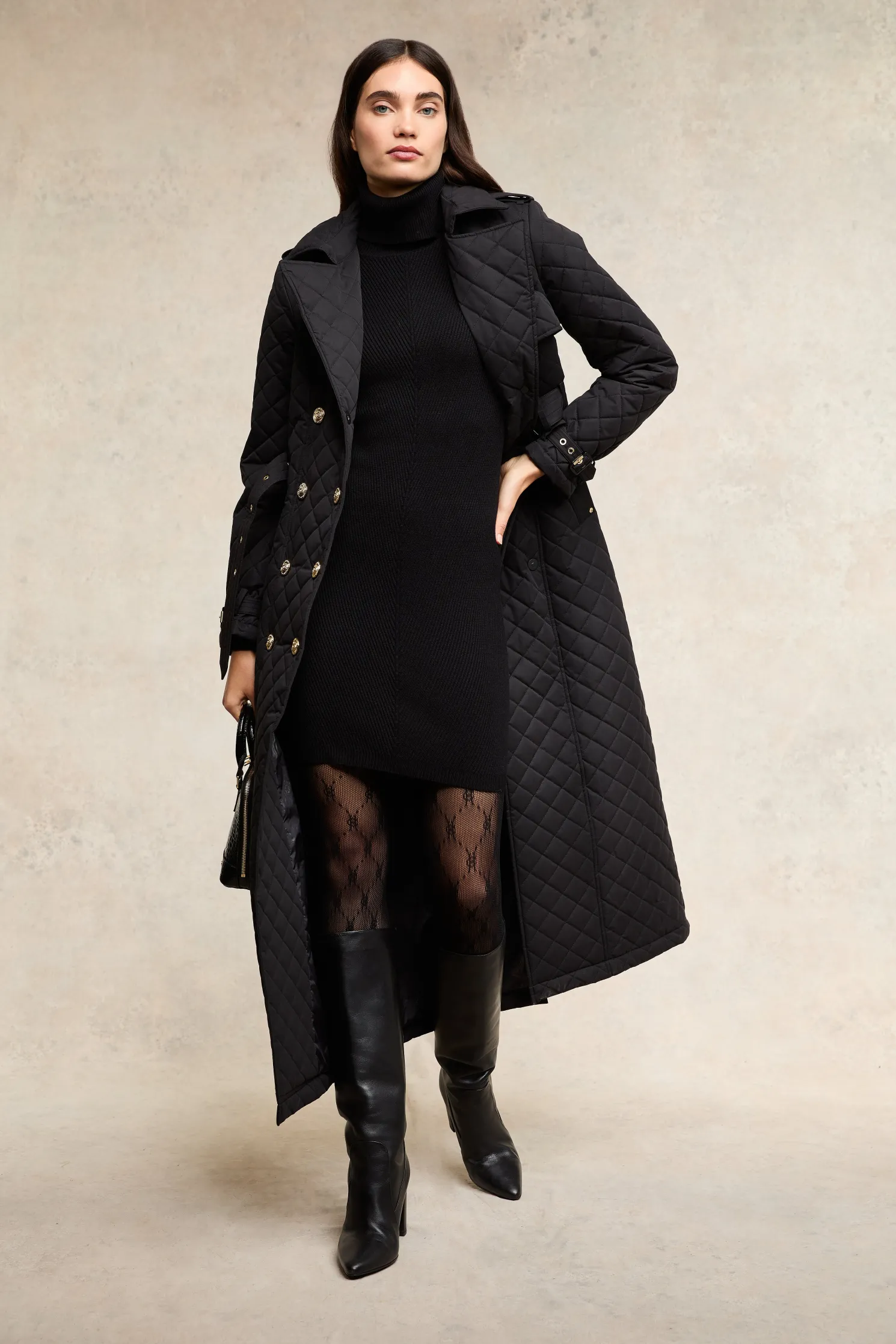 Full Length Enstone Quilted Trench Coat (Black)
