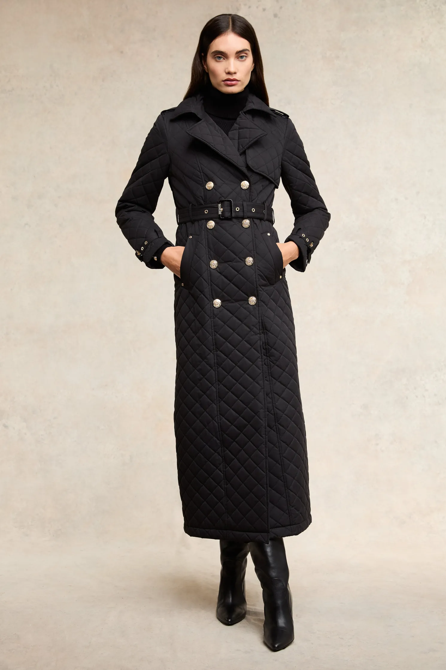 Full Length Enstone Quilted Trench Coat (Black)