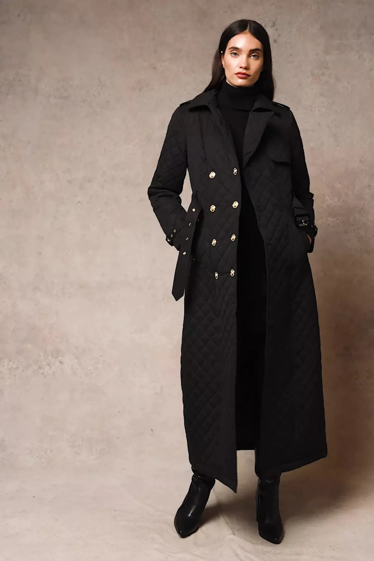 Full Length Enstone Quilted Trench Coat (Black)