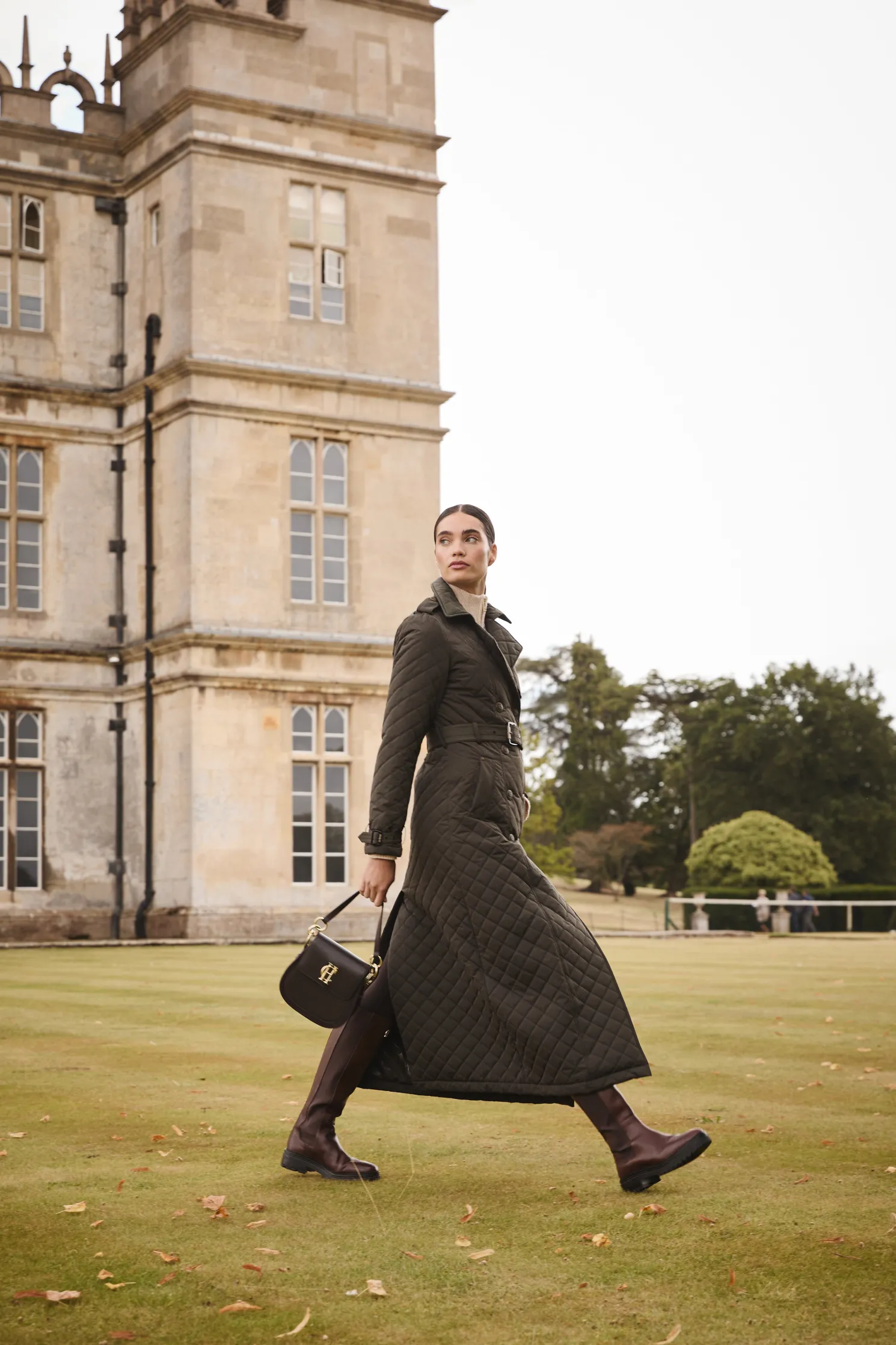 Full Length Enstone Quilted Trench Coat (Dark Olive)