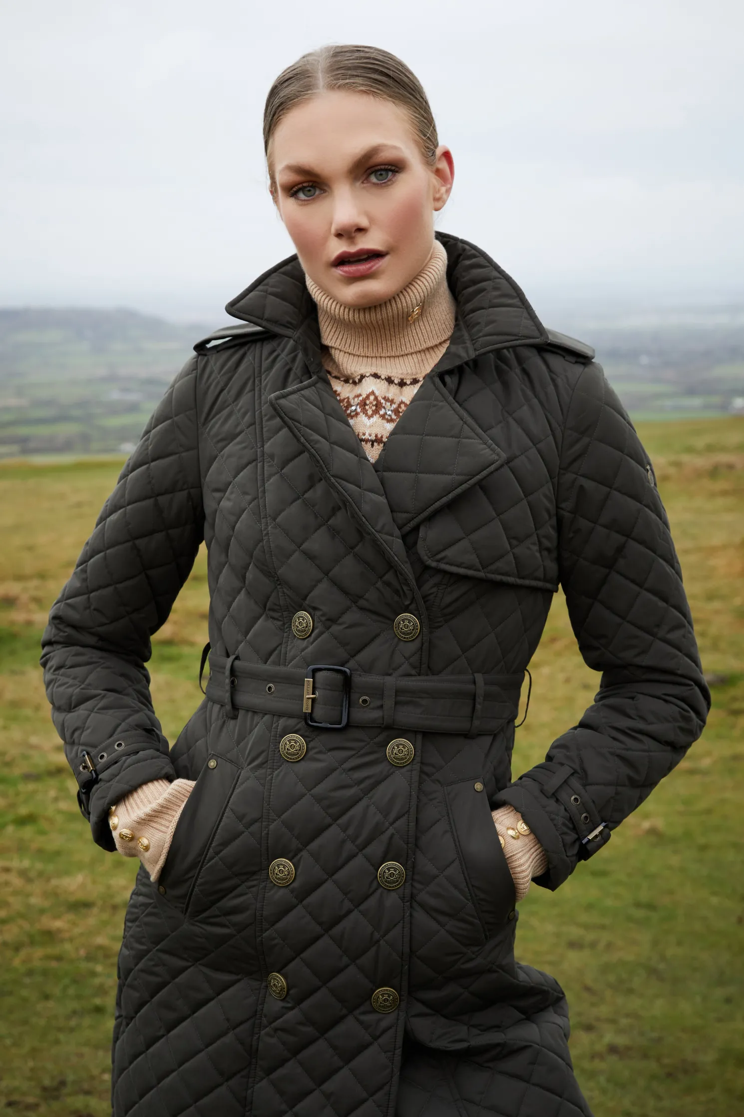 Full Length Enstone Quilted Trench Coat (Dark Olive)