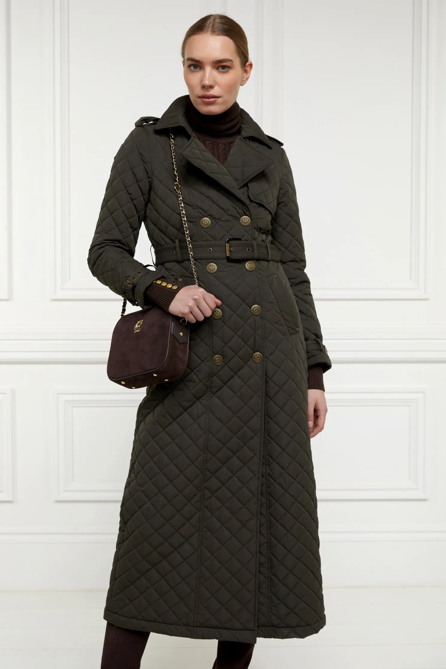 Full Length Enstone Quilted Trench Coat (Dark Olive)