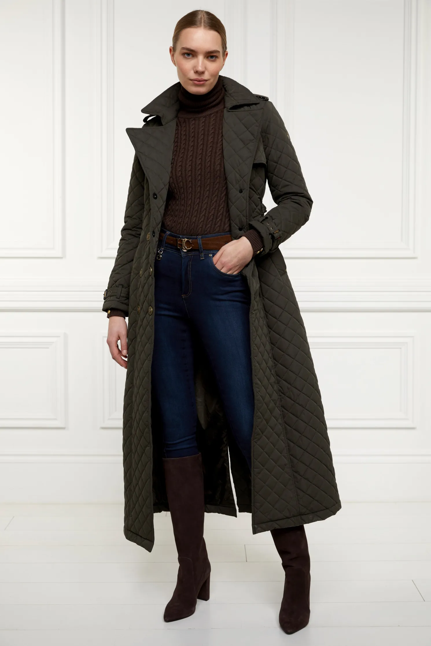 Full Length Enstone Quilted Trench Coat (Dark Olive)