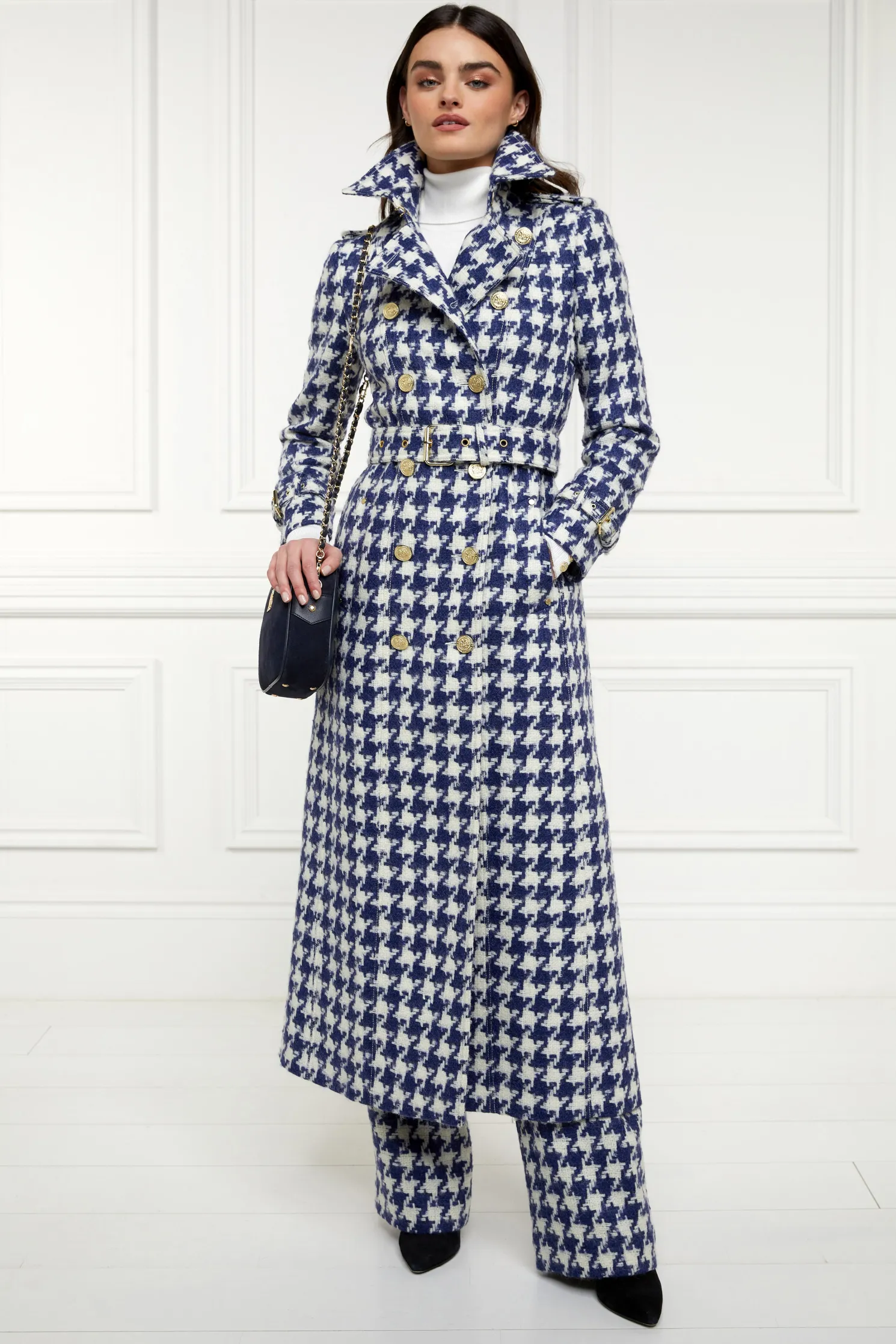 Full Length Marlborough Trench Coat (Large Scale Navy Houndstooth)