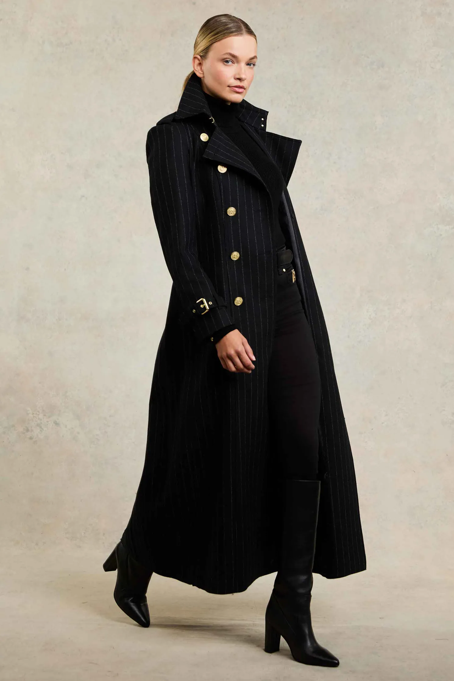Full Length Marlborough Trench Coat (Black Pinstripe)