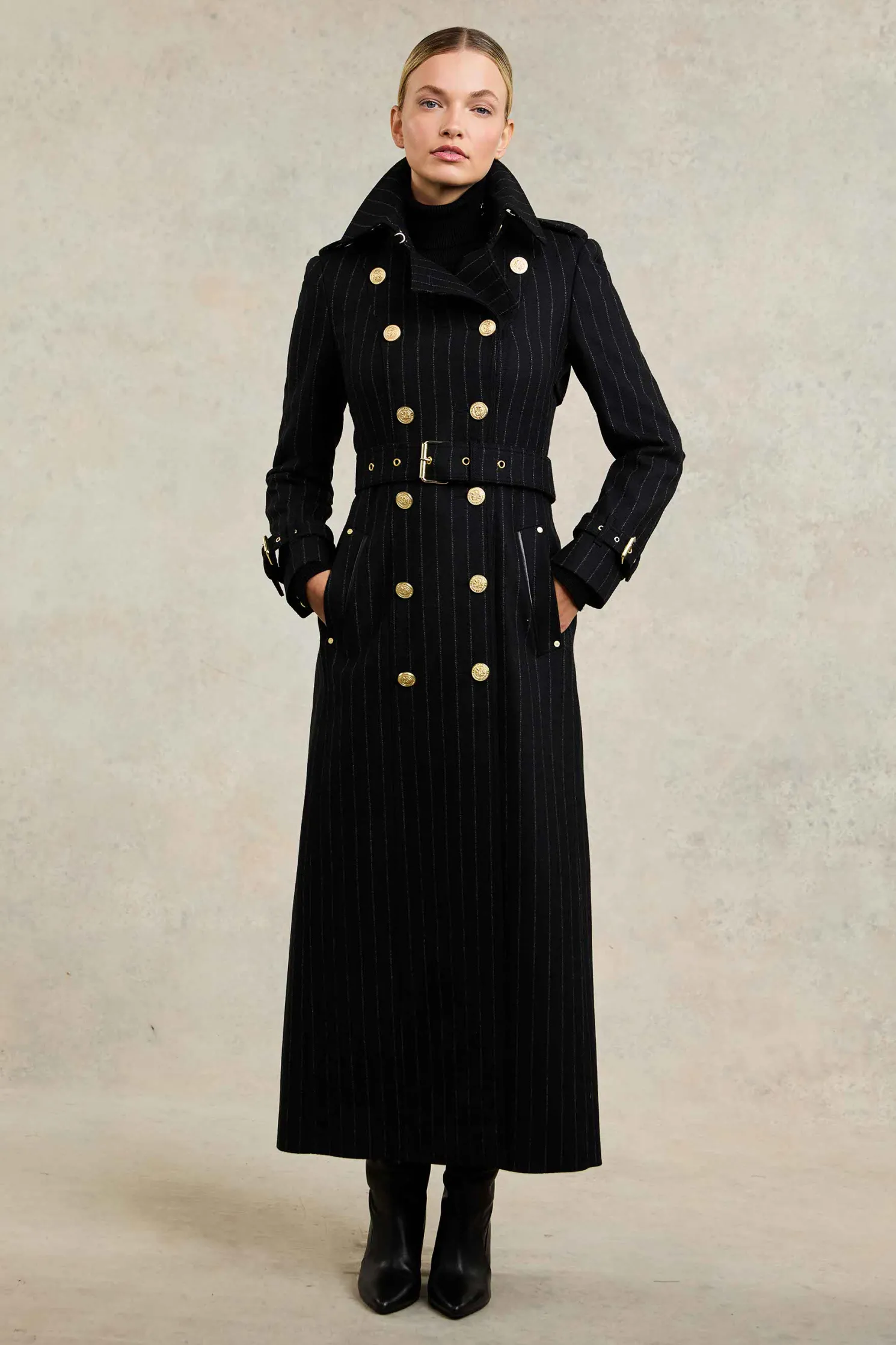 Full Length Marlborough Trench Coat (Black Pinstripe)