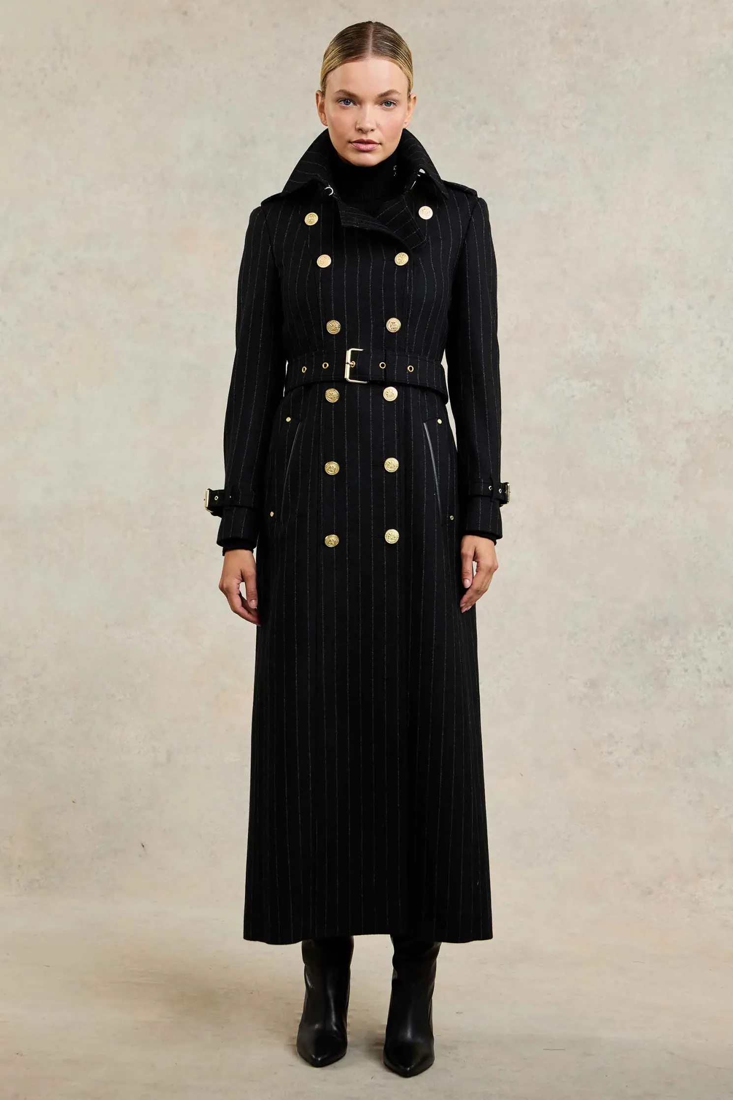 Full Length Marlborough Trench Coat (Black Pinstripe)