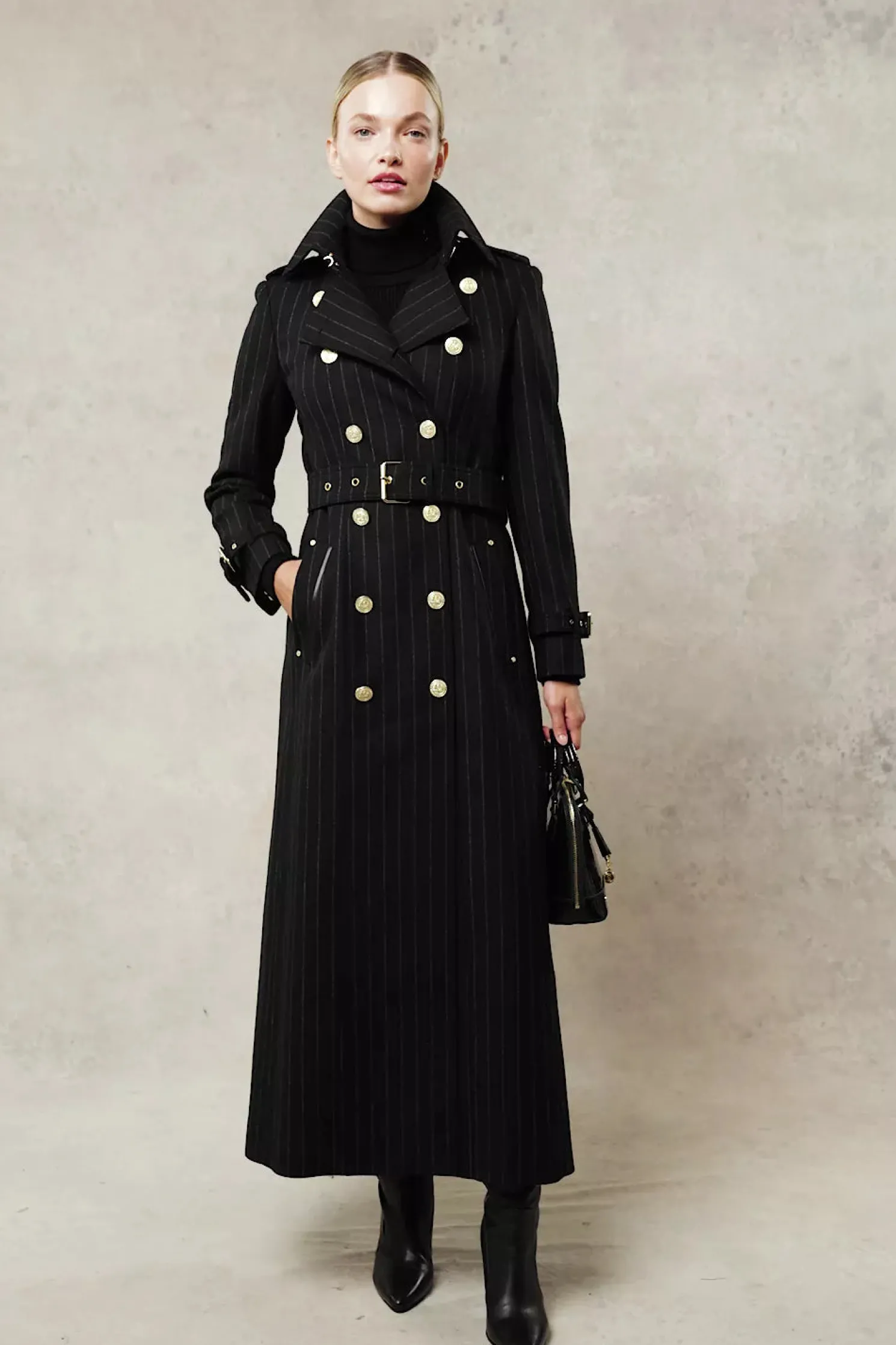 Full Length Marlborough Trench Coat (Black Pinstripe)