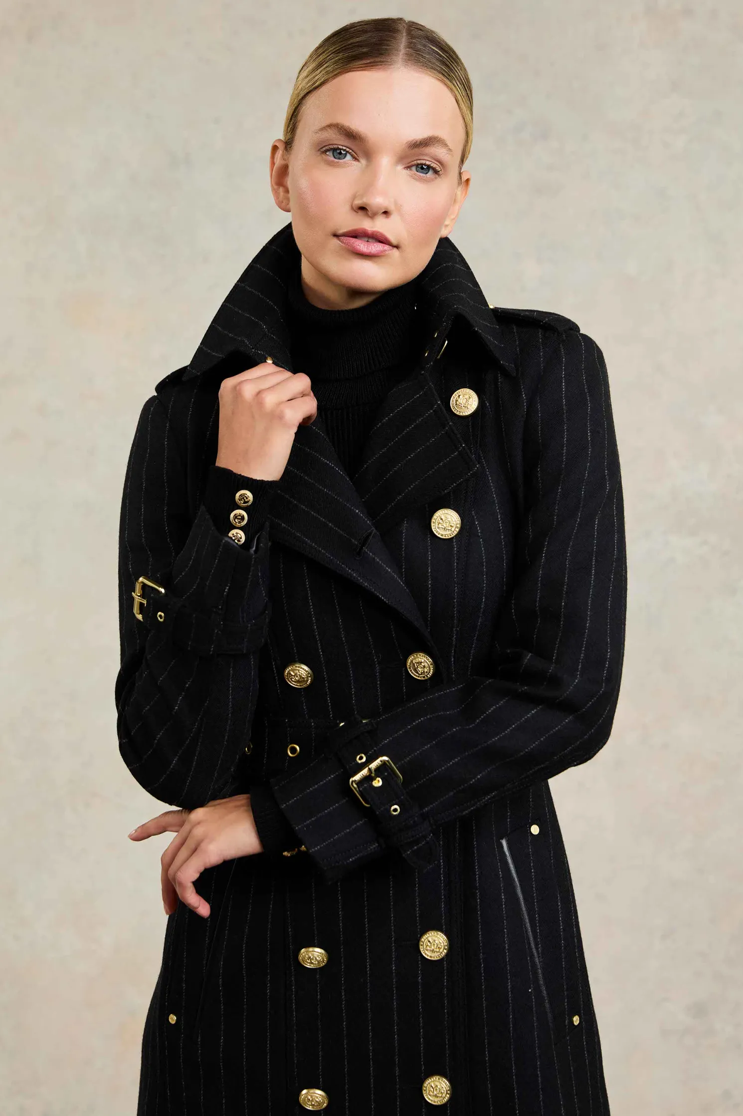 Full Length Marlborough Trench Coat (Black Pinstripe)
