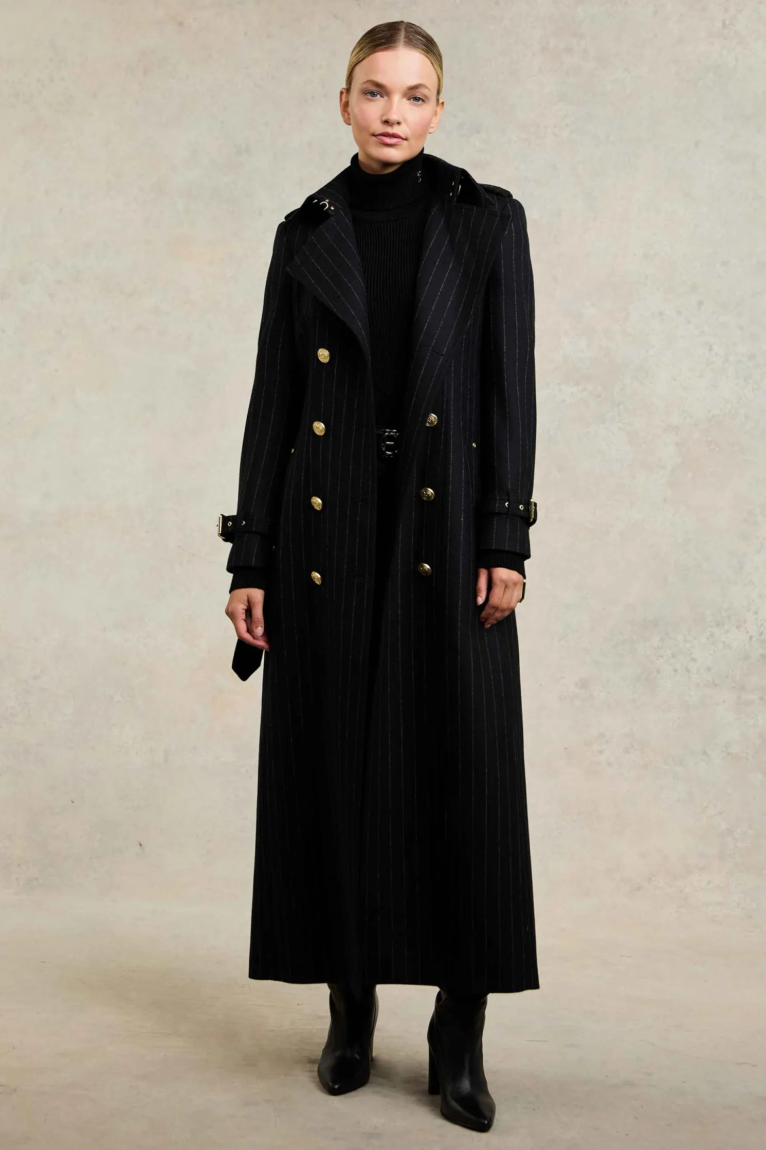 Full Length Marlborough Trench Coat (Black Pinstripe)