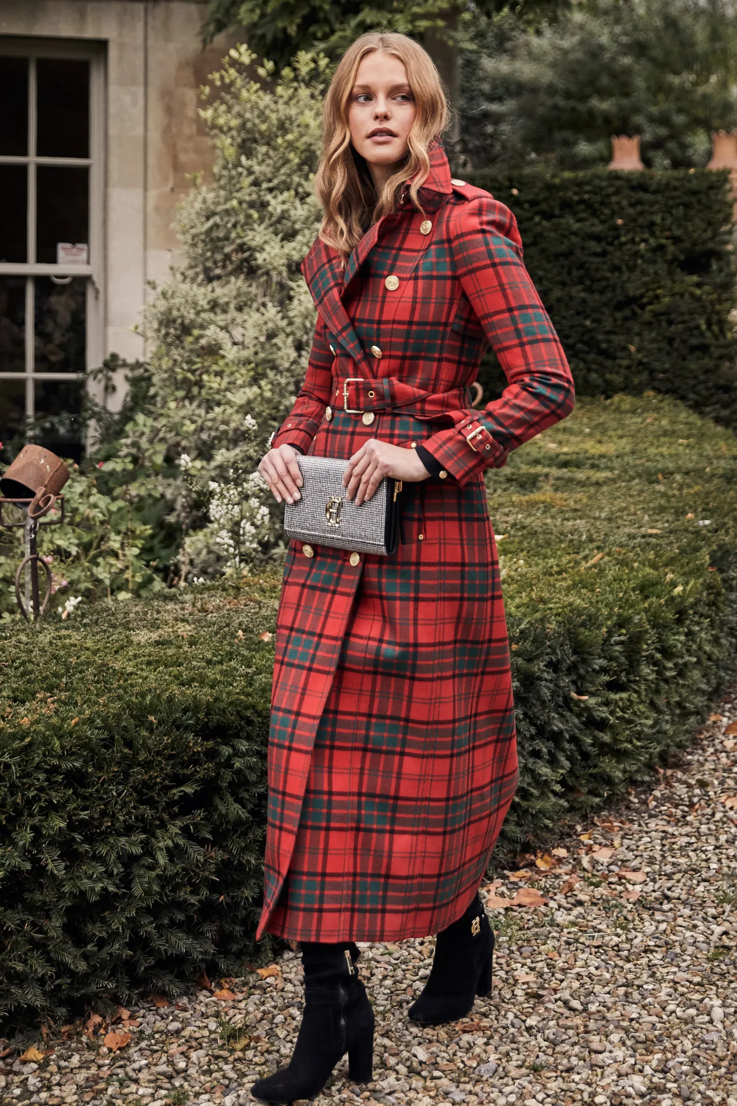 Full Length Marlborough Trench Coat (Red Tartan)