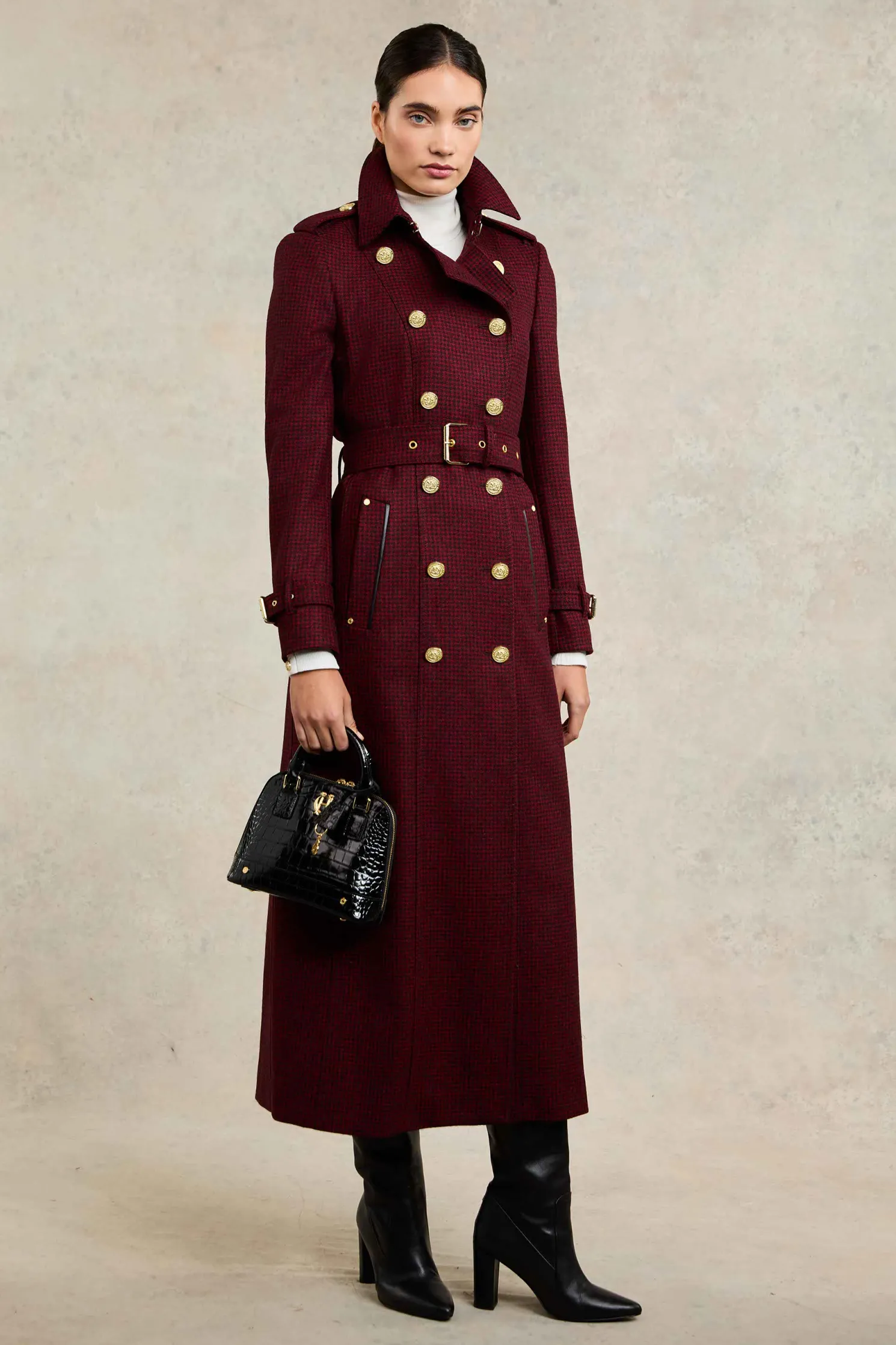 Full Length Marlborough Trench Coat (Red Houndstooth)