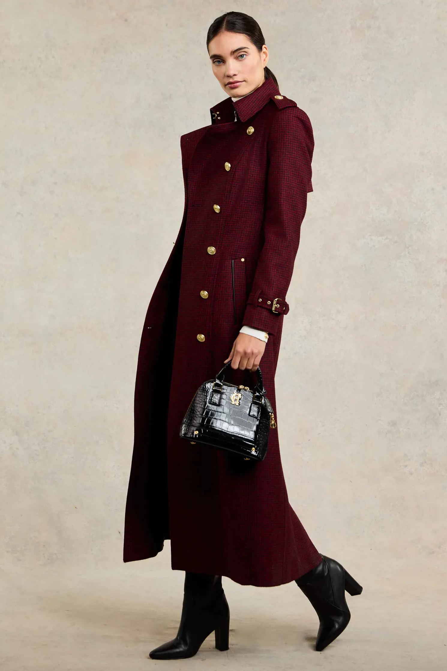 Full Length Marlborough Trench Coat (Red Houndstooth)