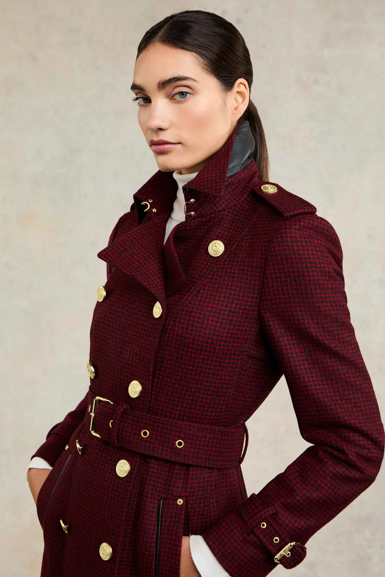 Full Length Marlborough Trench Coat (Red Houndstooth)