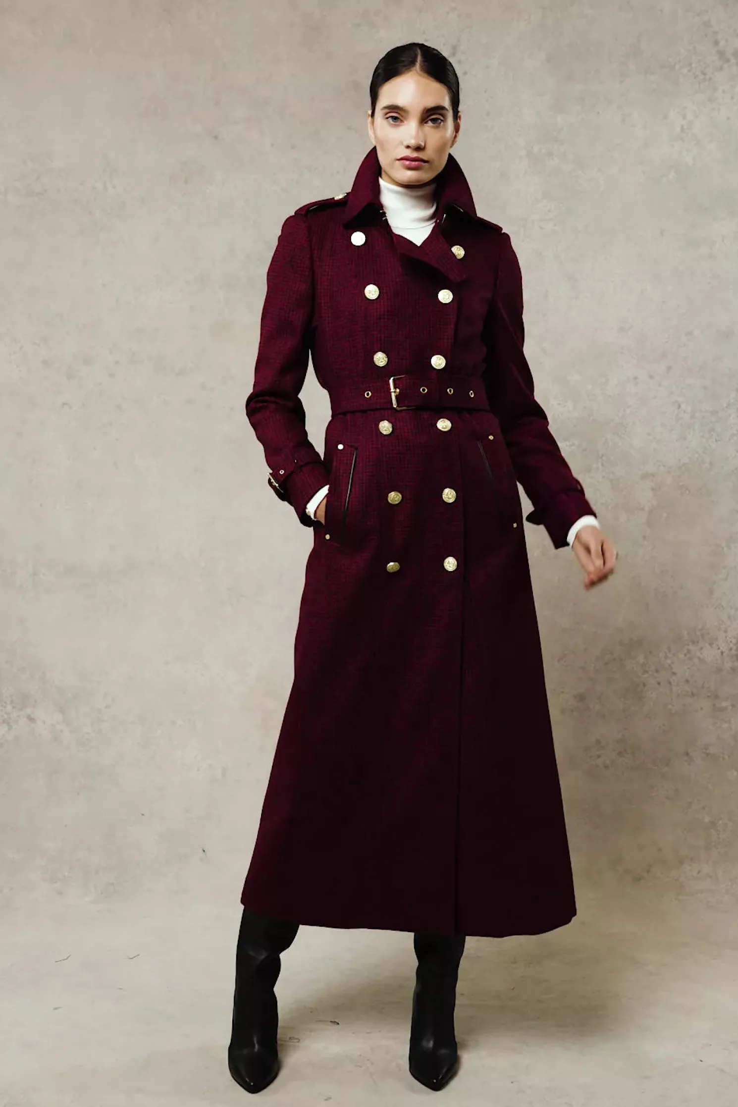 Full Length Marlborough Trench Coat (Red Houndstooth)