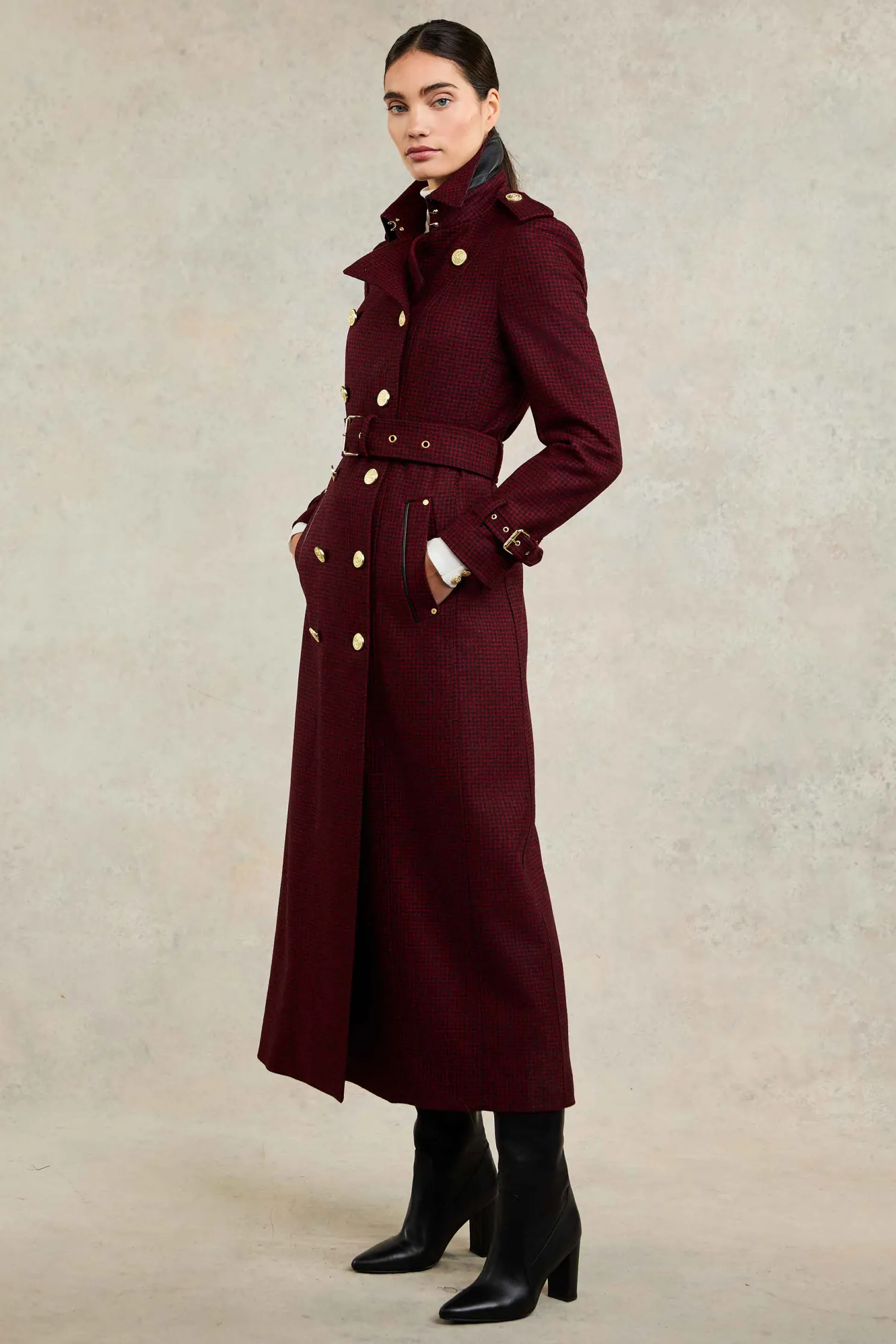 Full Length Marlborough Trench Coat (Red Houndstooth)