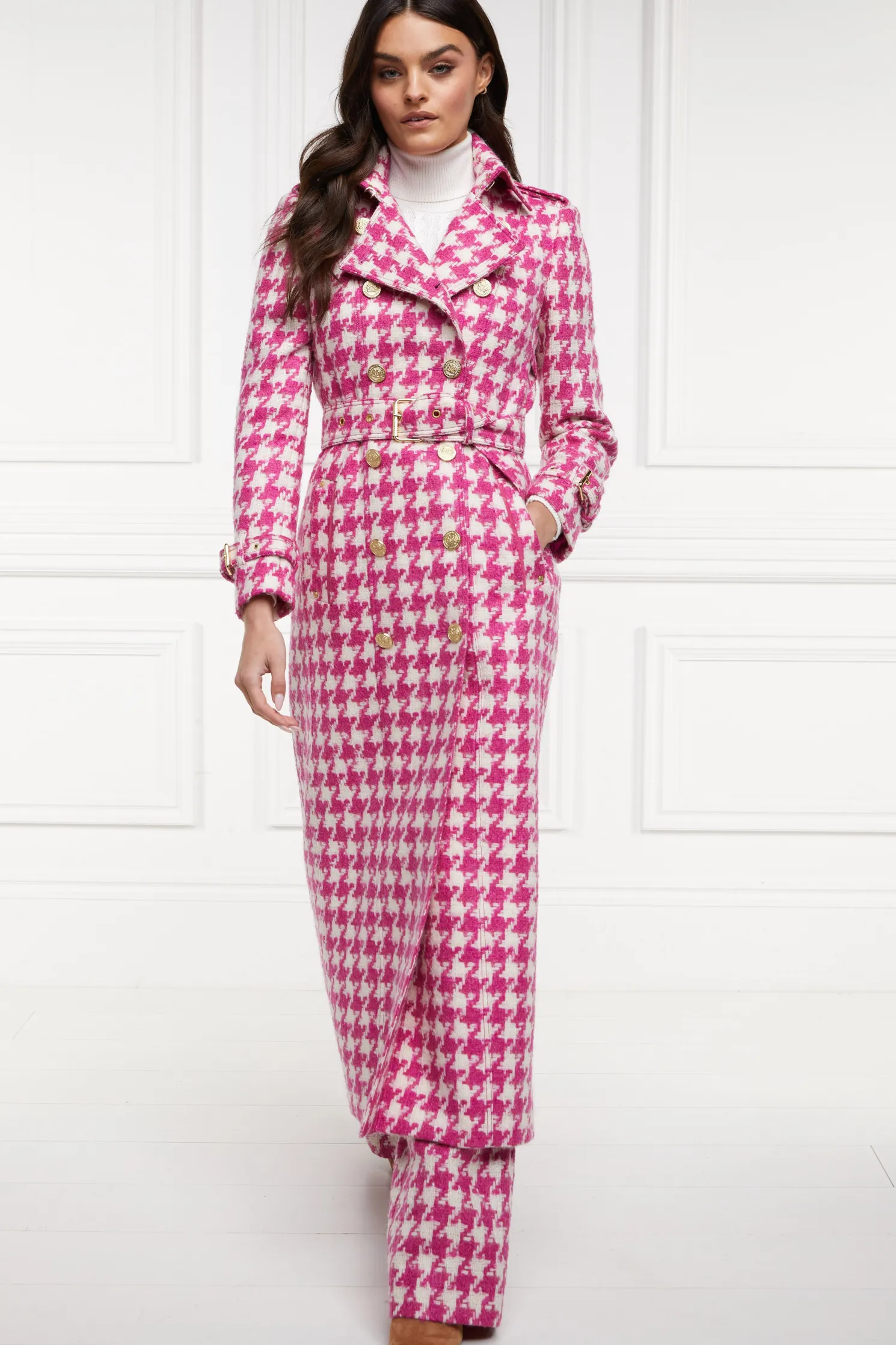 Full Length Marlborough Trench Coat (Hot Pink Large Scale Houndstooth)