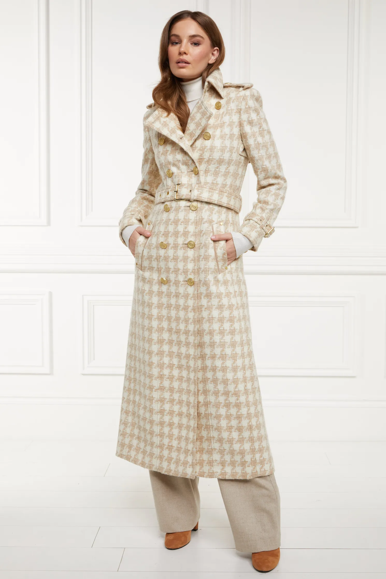 Full Length Marlborough Trench Coat (Camel Houndstooth)