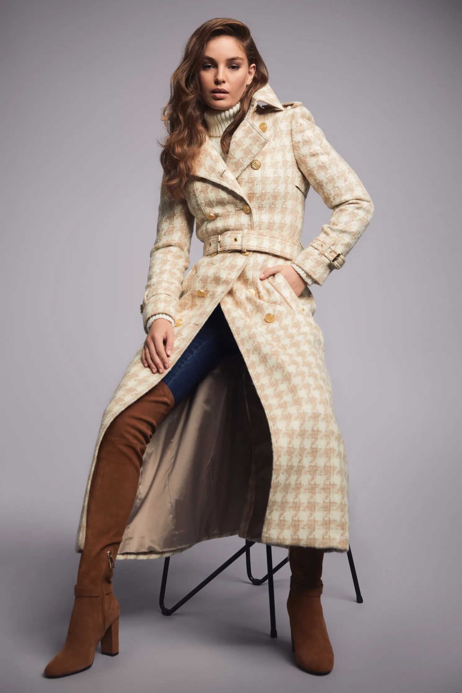 Full Length Marlborough Trench Coat (Camel Houndstooth)