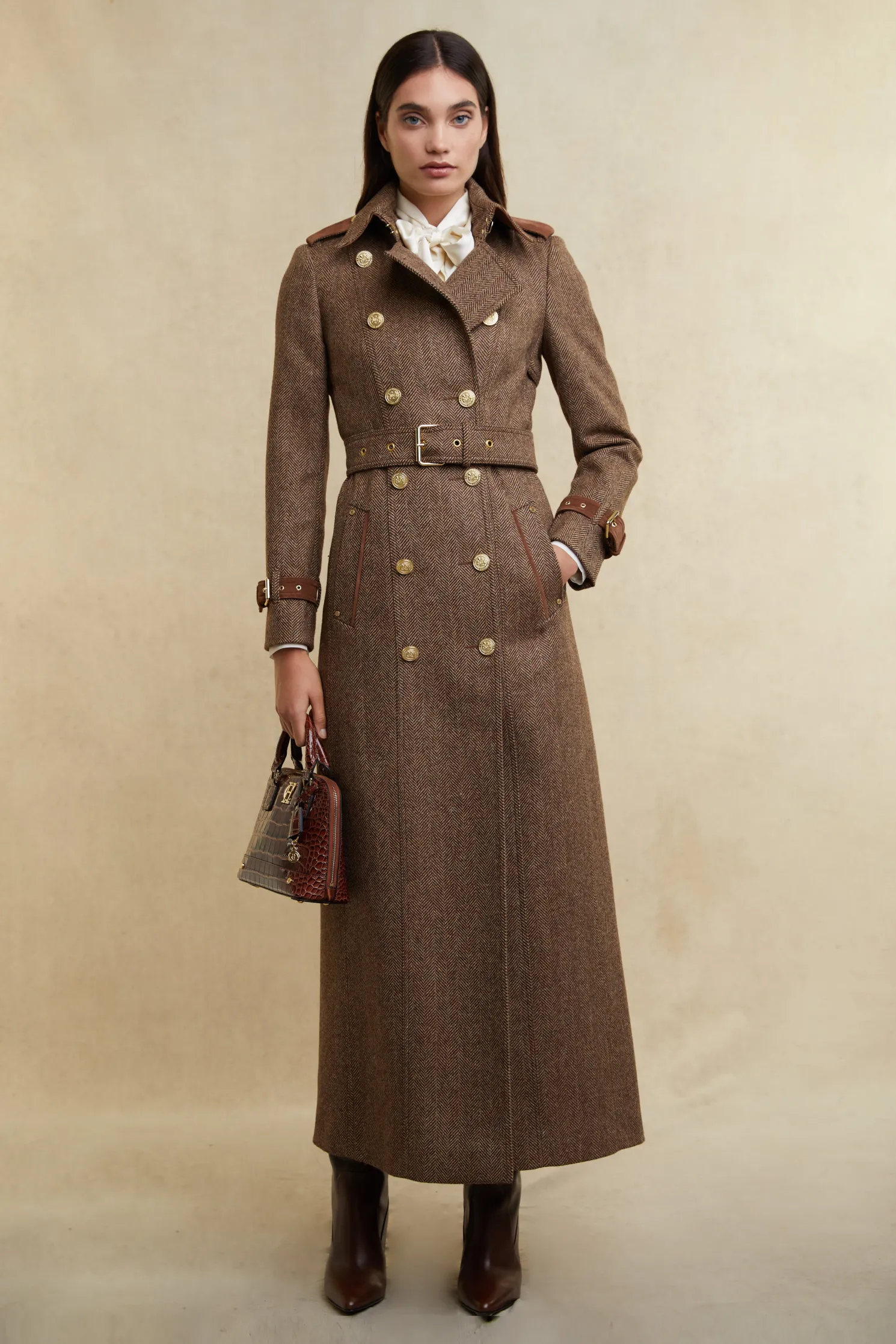 Full Length Marlborough Trench Coat (Large Scale Brown Herringbone)