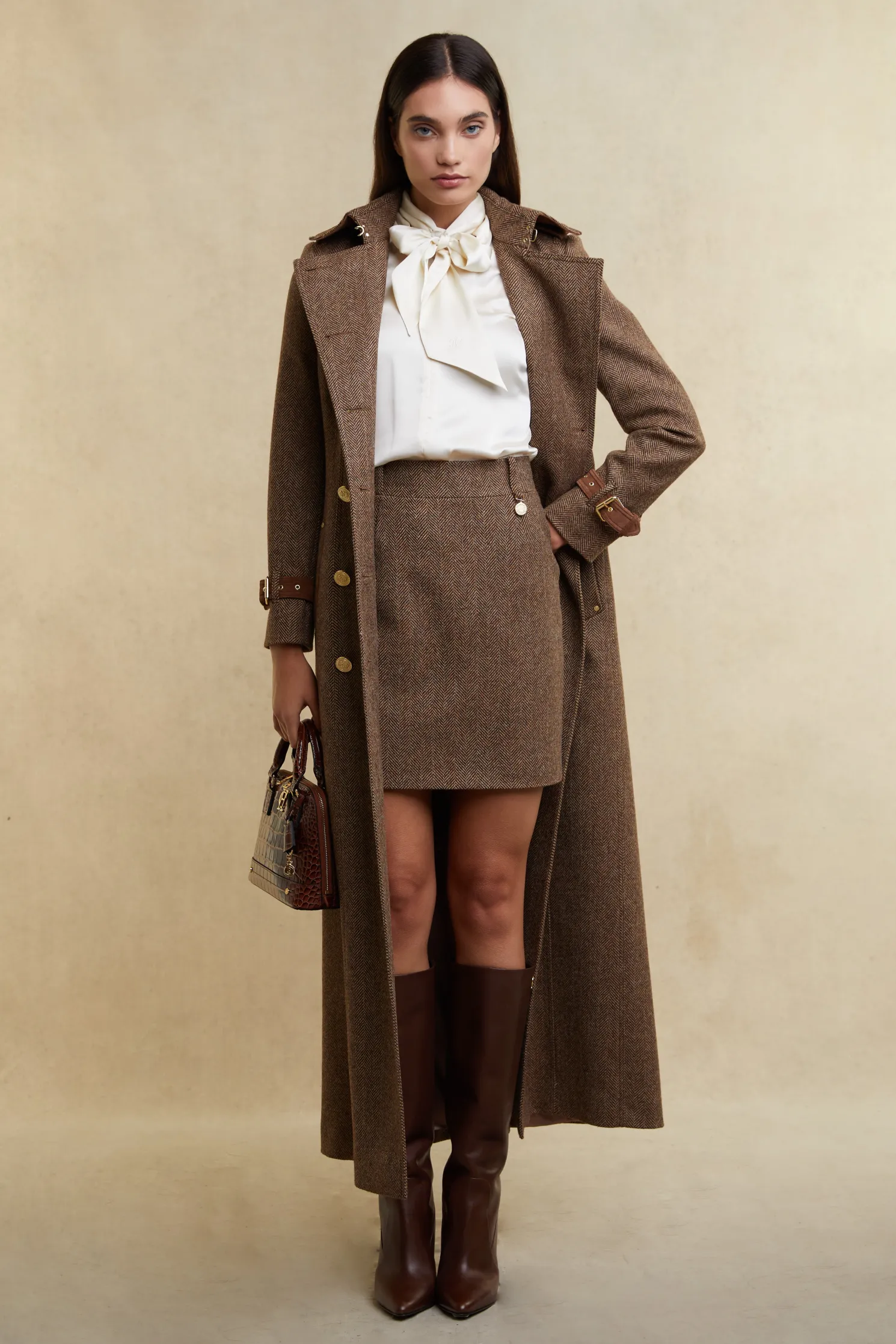 Full Length Marlborough Trench Coat (Large Scale Brown Herringbone)