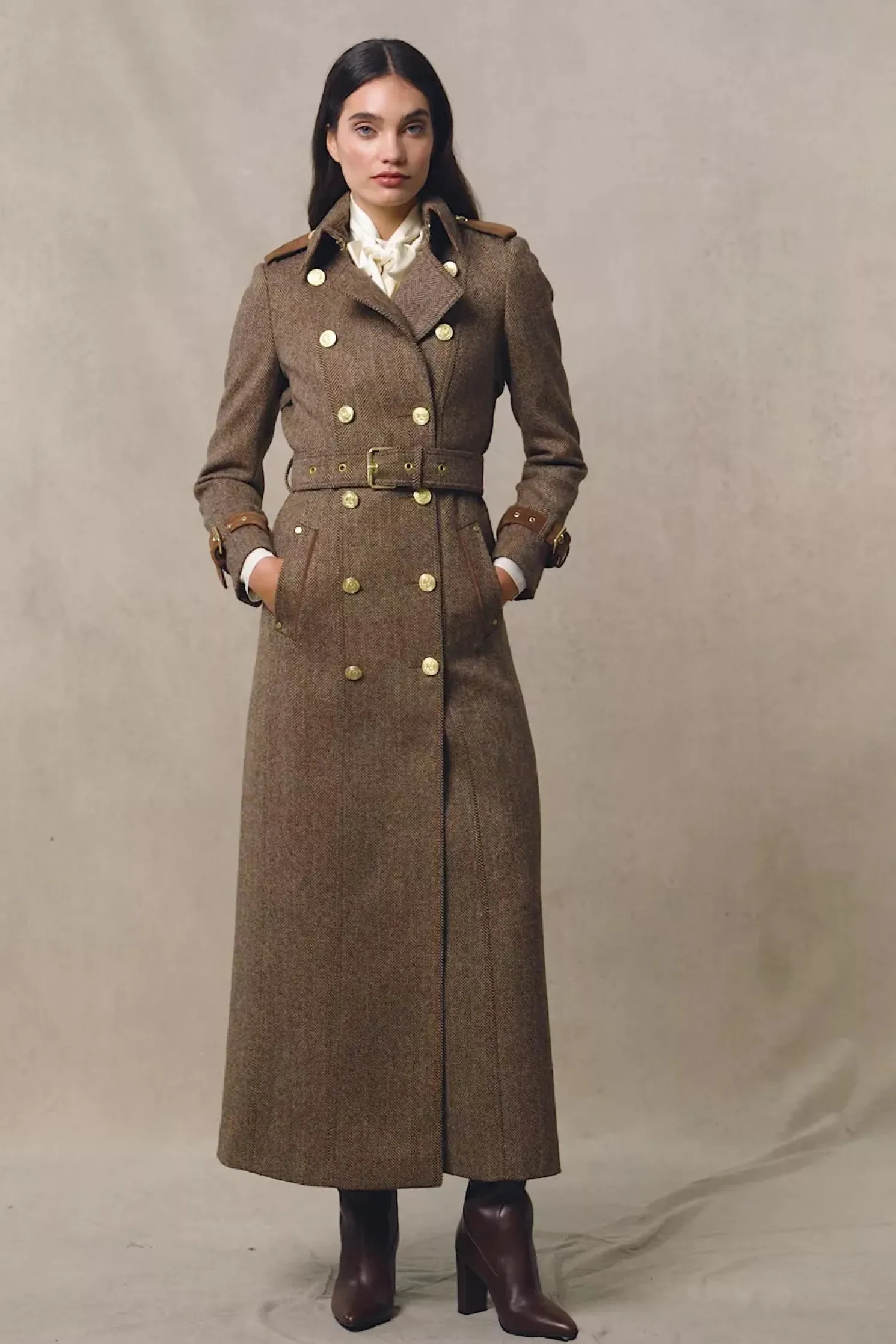 Full Length Marlborough Trench Coat (Large Scale Brown Herringbone)