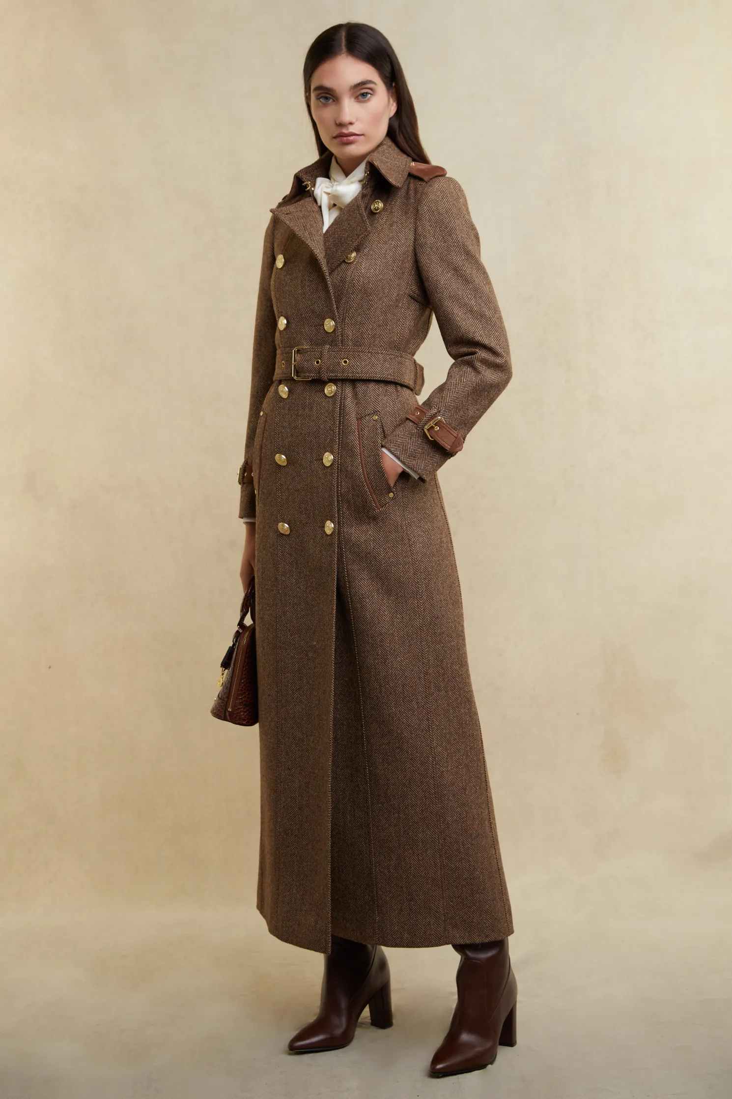 Full Length Marlborough Trench Coat (Large Scale Brown Herringbone)