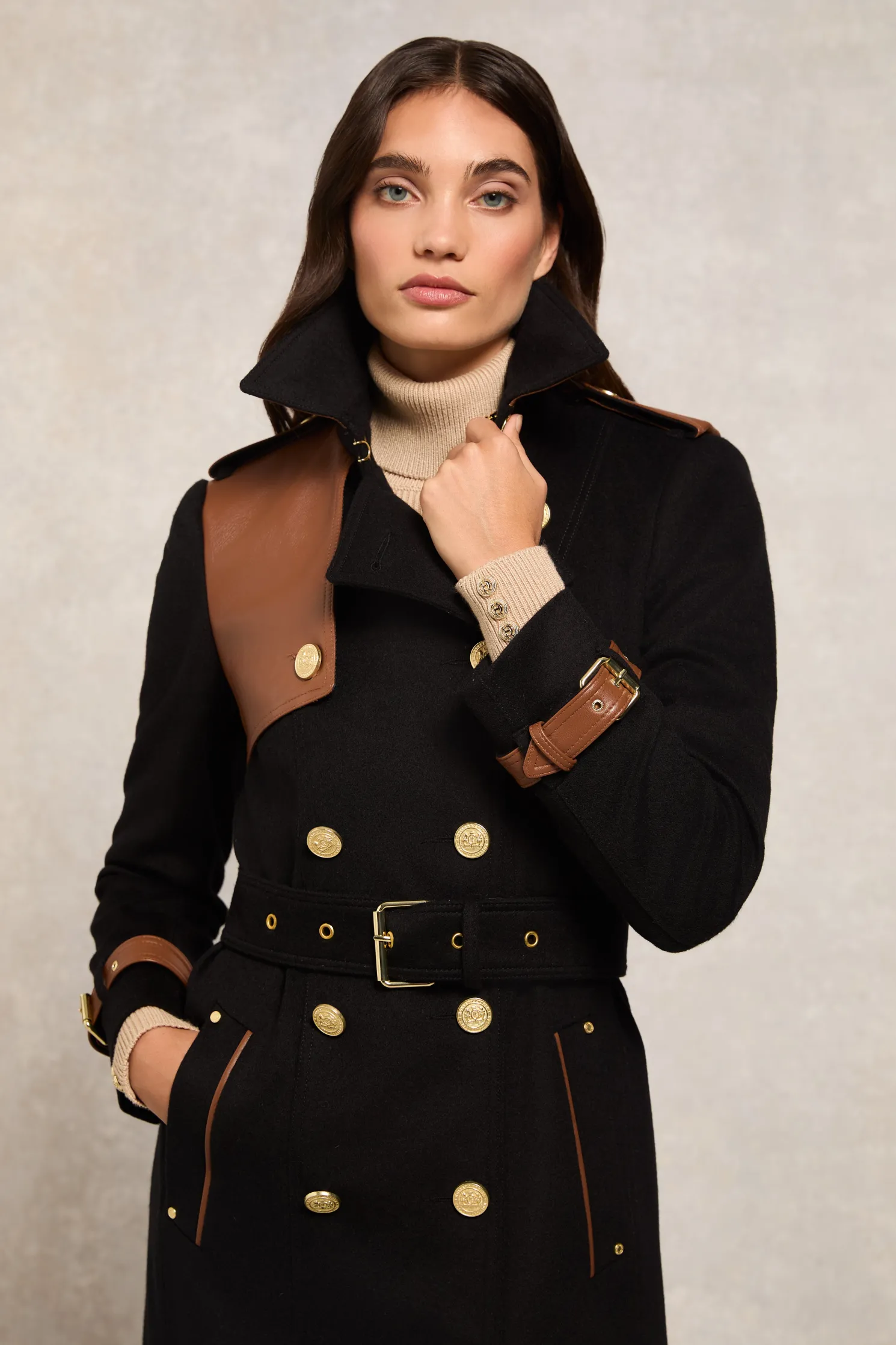 Full Length Marlborough Trench Coat (Soft Black Tan)