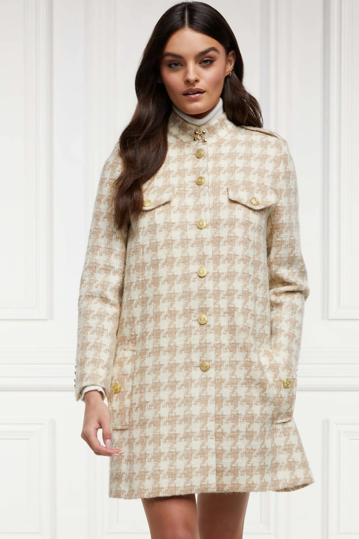 Highbury Cape Coat (Camel Houndstooth)