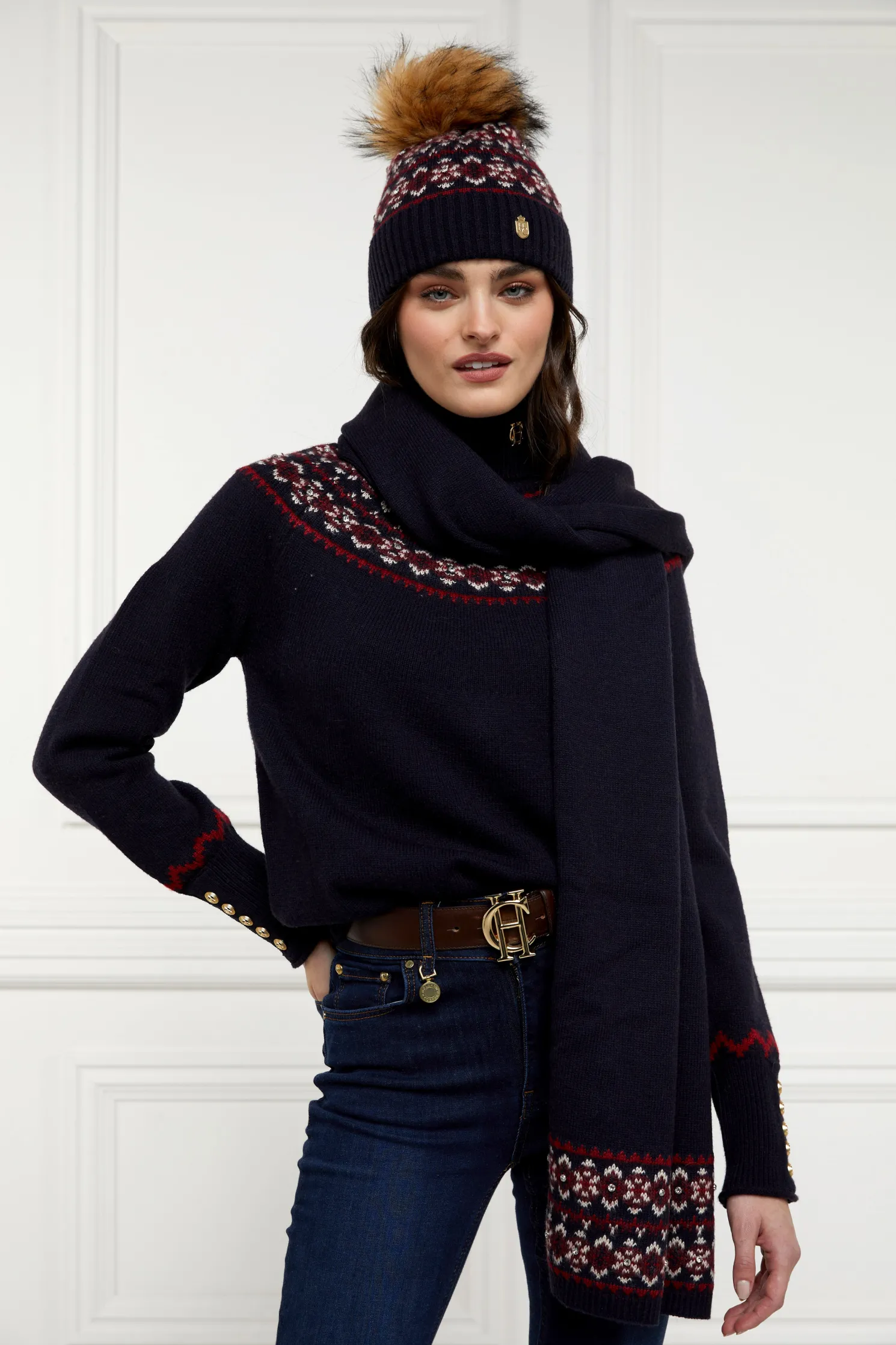 Jennifer Fairisle Bobble Hat (Ink Navy)