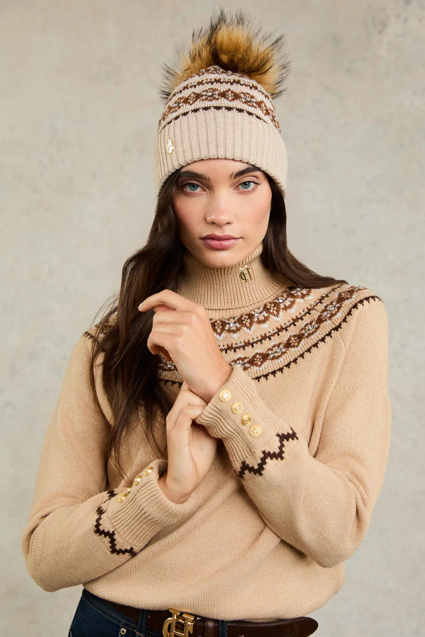Jennifer Fairisle Bobble Hat (Light Camel)