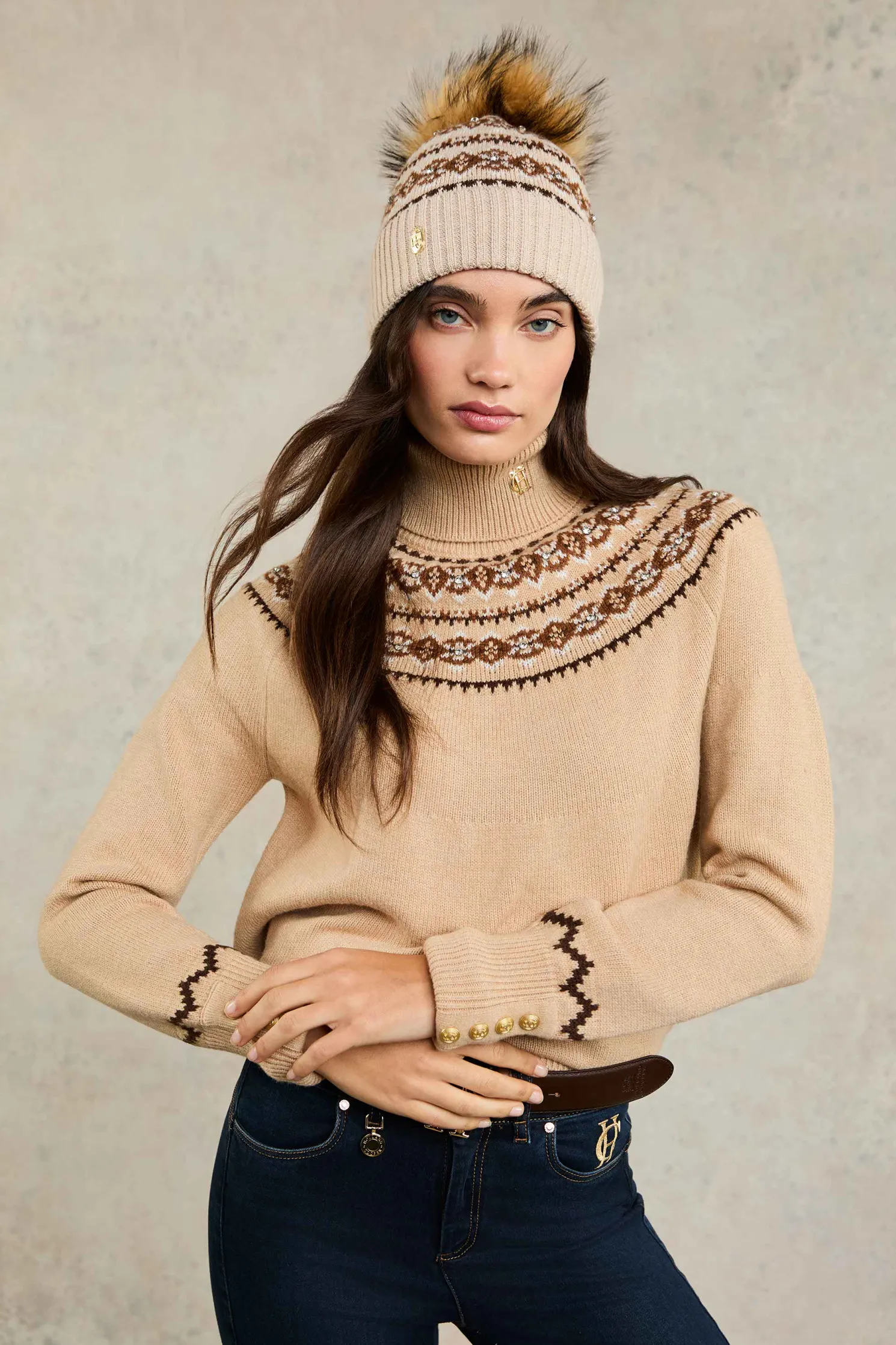 Jennifer Fairisle Bobble Hat (Light Camel)