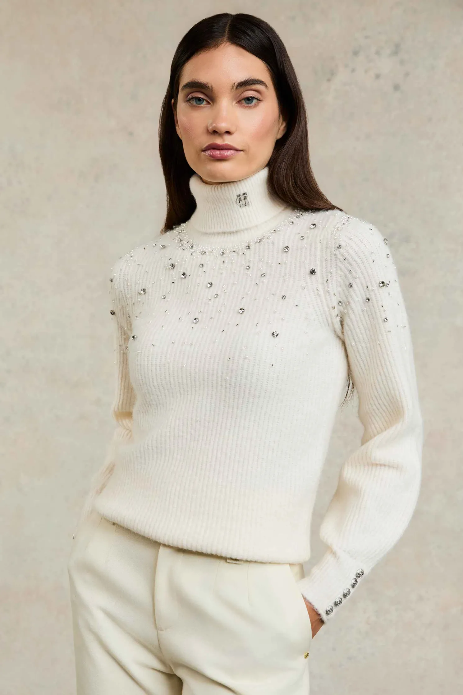 Kelsie Rib Embellished Roll Neck (Natural)