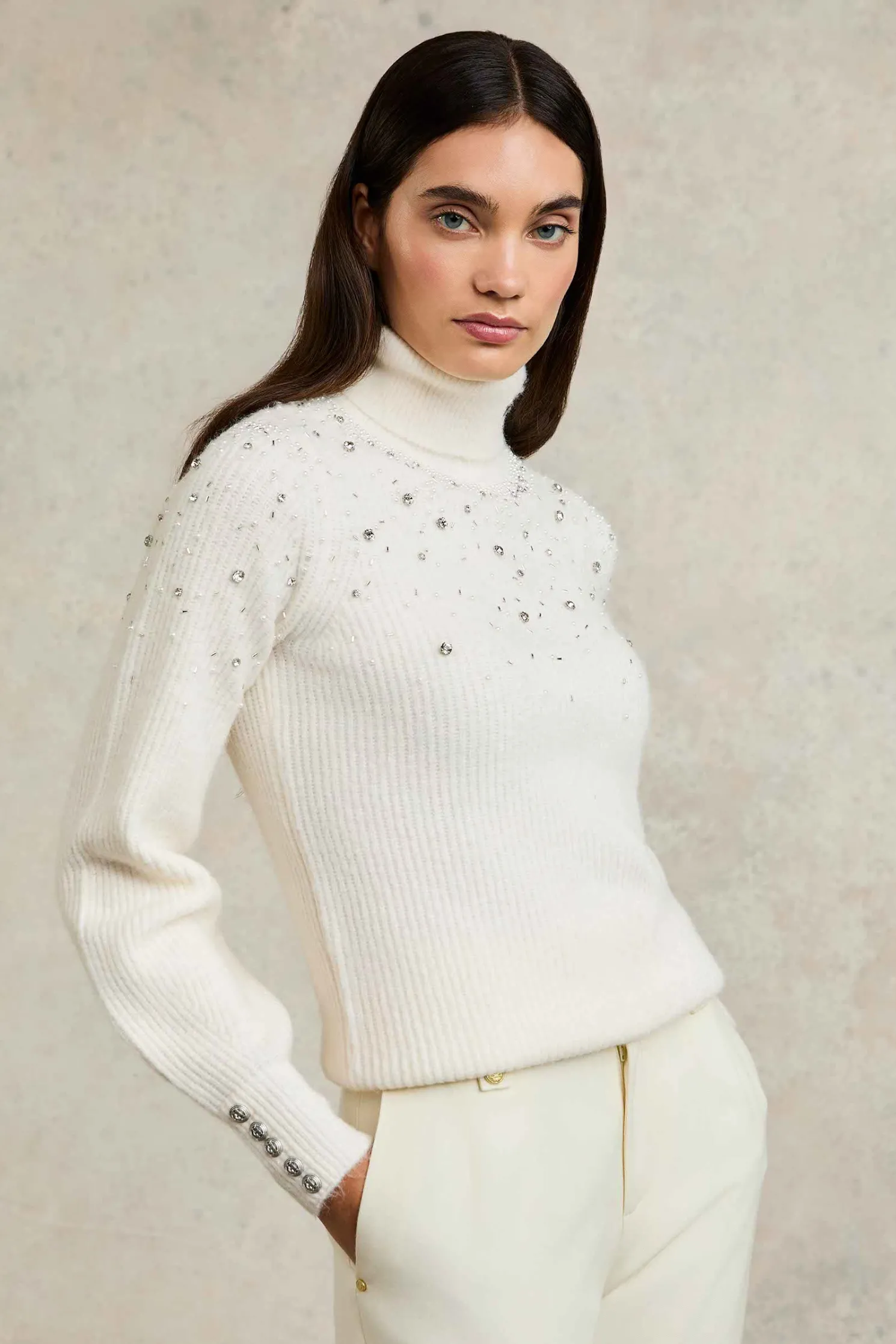 Kelsie Rib Embellished Roll Neck (Natural)