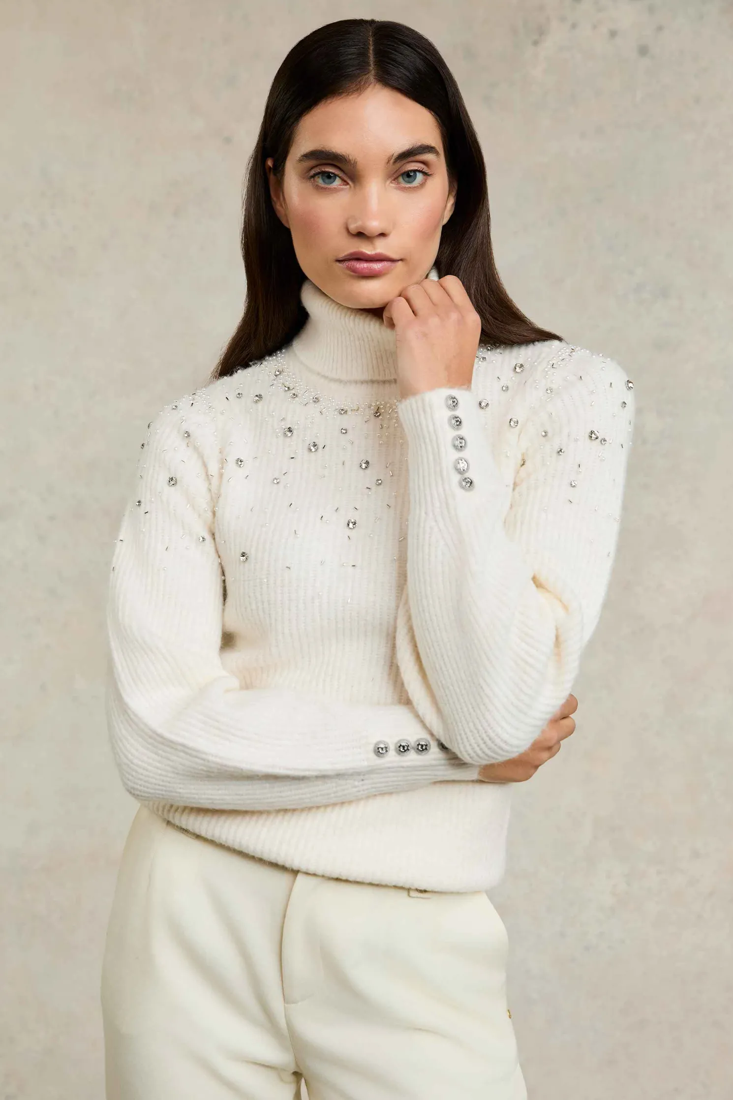 Kelsie Rib Embellished Roll Neck (Natural)