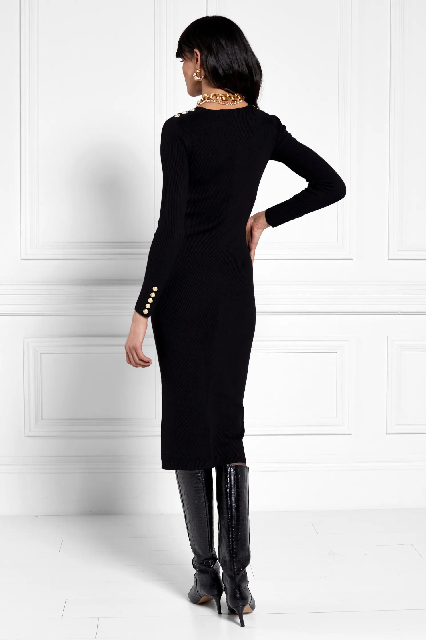 Kensington V-Neck Midi Dress (Black)