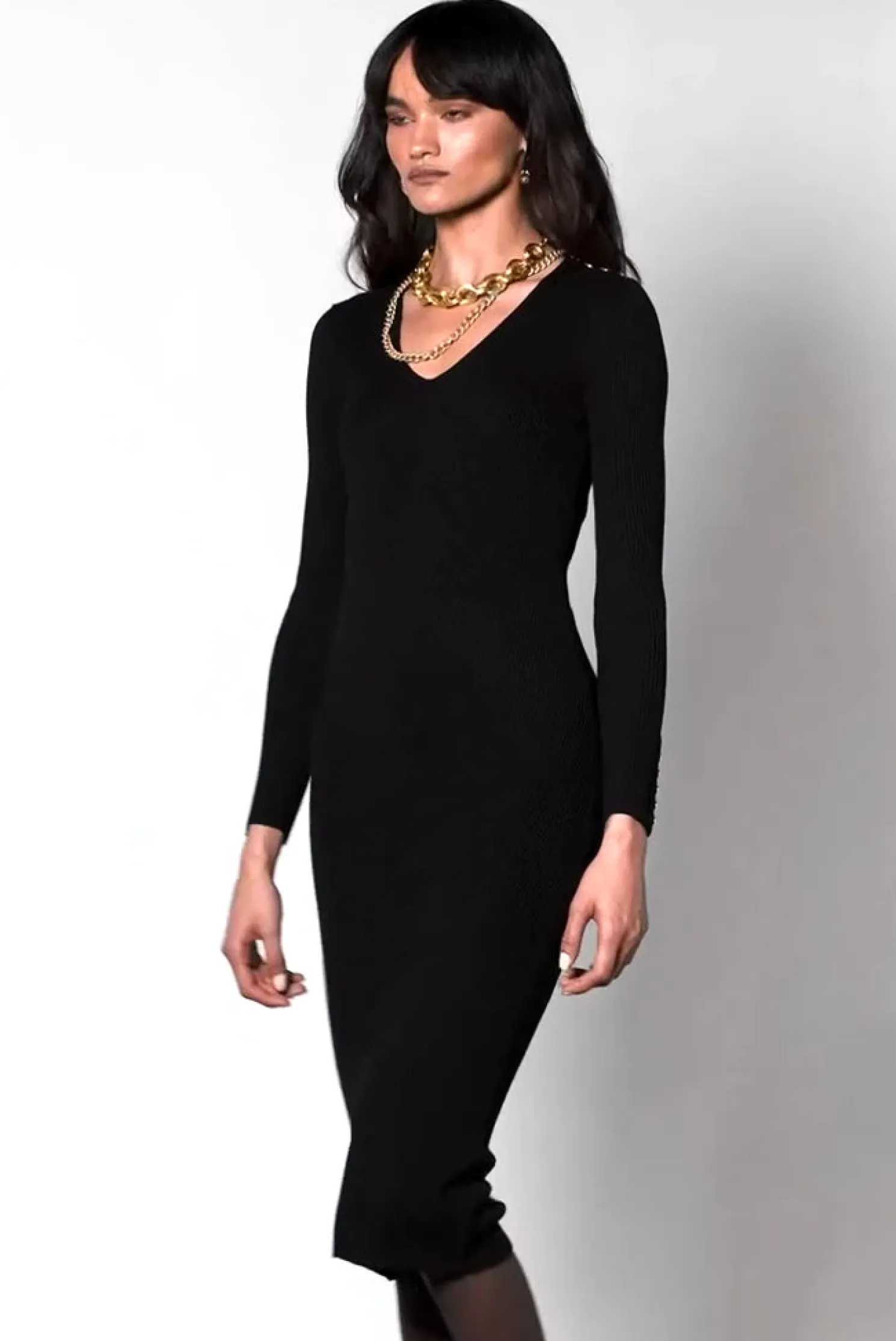 Kensington V-Neck Midi Dress (Black)