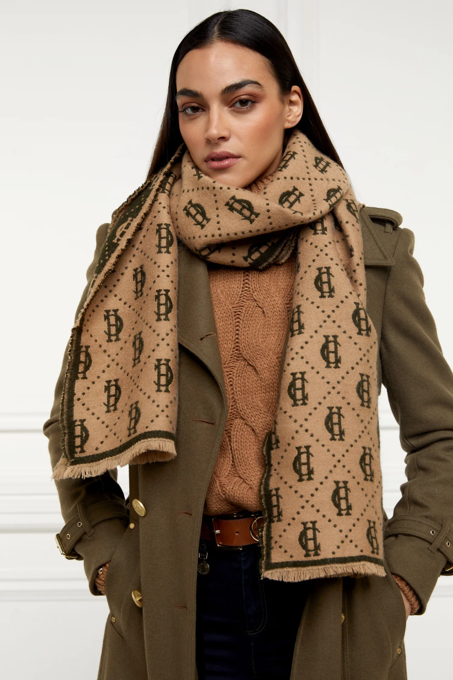 Lightweight Monogram Scarf (Light Camel Forest Green)