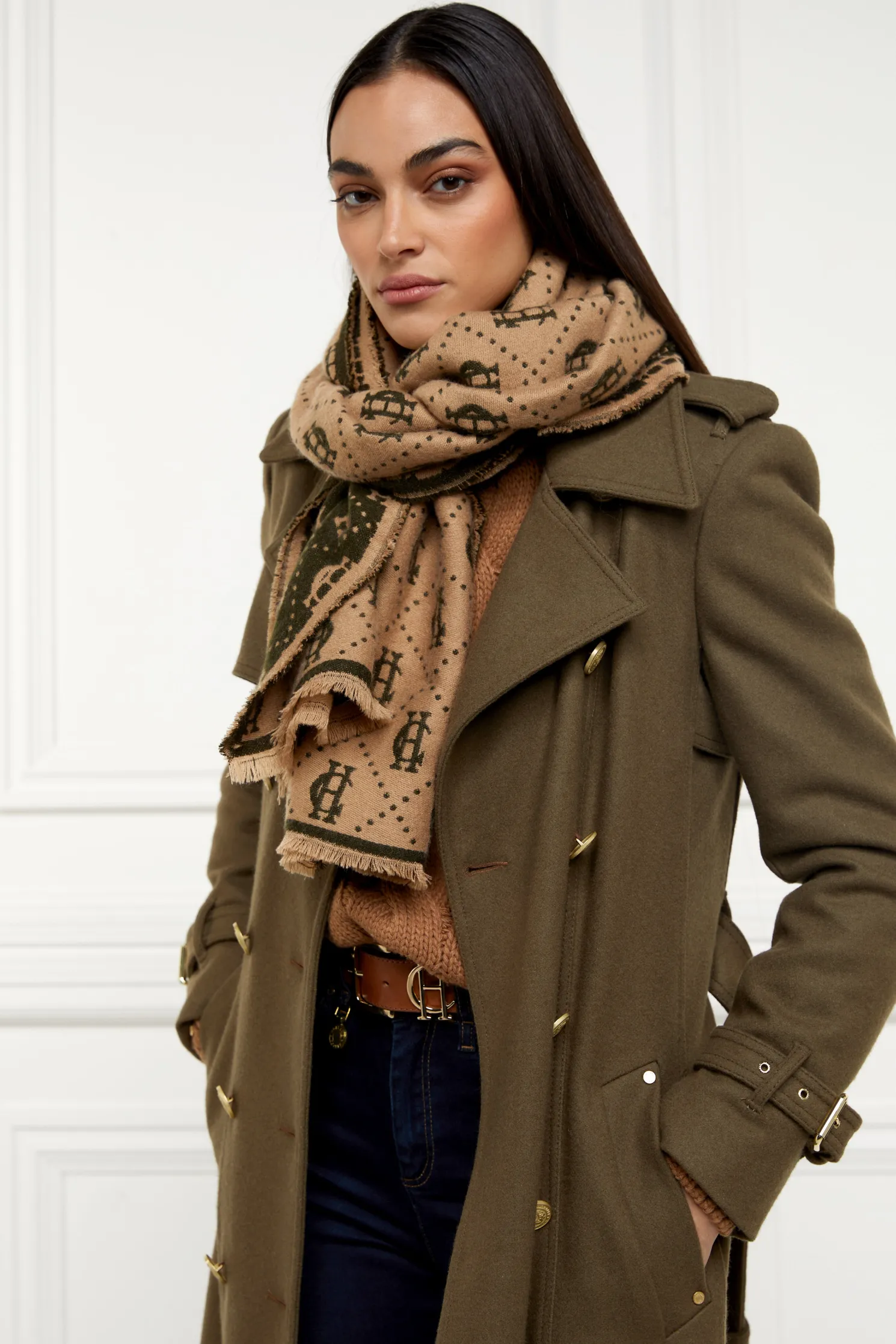 Lightweight Monogram Scarf (Light Camel Forest Green)